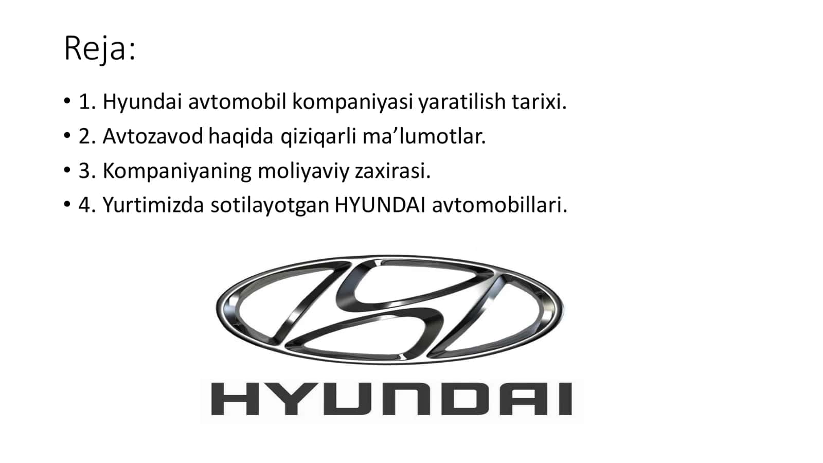 Hyundai avtomobil kompaniyasi MUSTAQIL ISH TAQDIMOTI 2