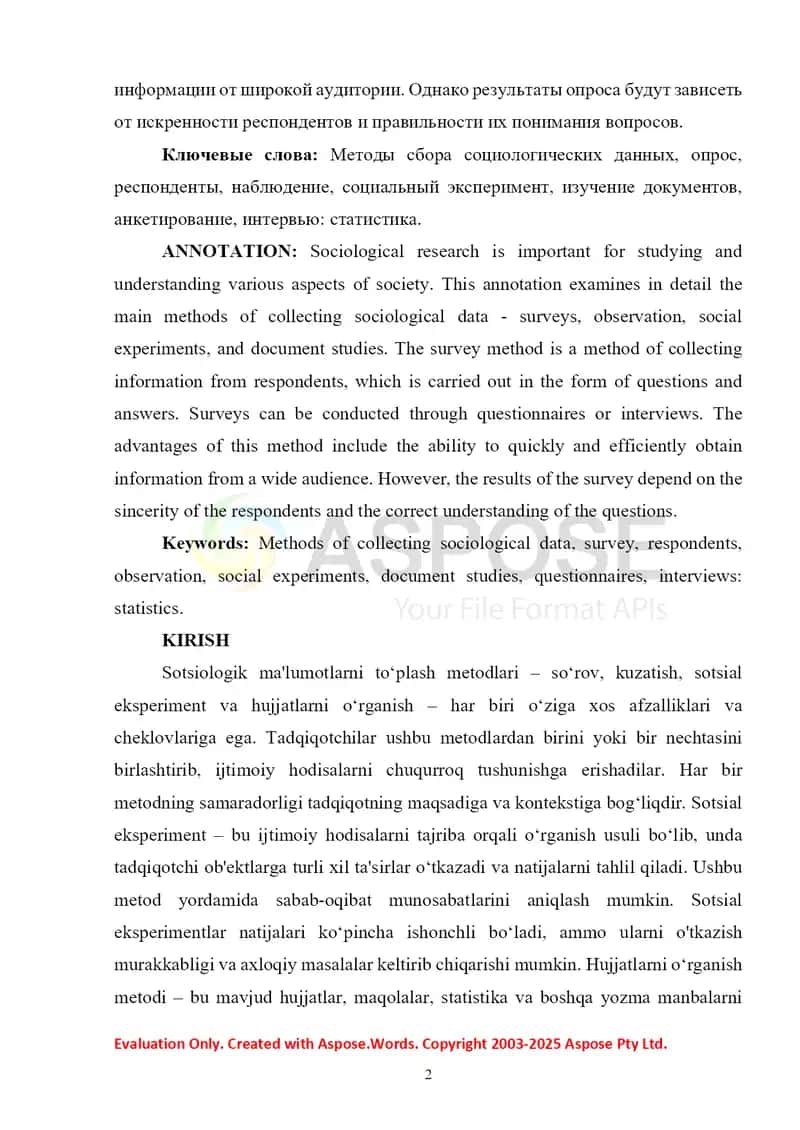 SOTSIOLOGIK MA'LUMOTLARNI TO‘PLASH METODLARI SO‘ROV, KUZATISH, SOTSIAL EKSPERIMENT XUJJATLARNI O‘RGANISH 2