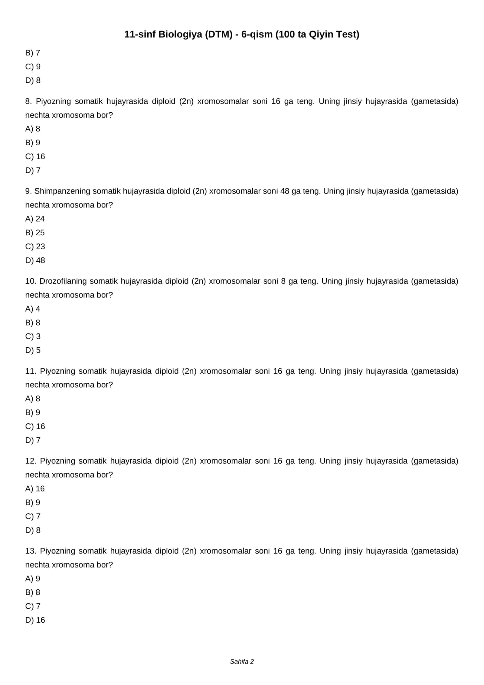 11-sinf Biologiya (DTM) - 6-qism (100 ta Qiyin Test) 2