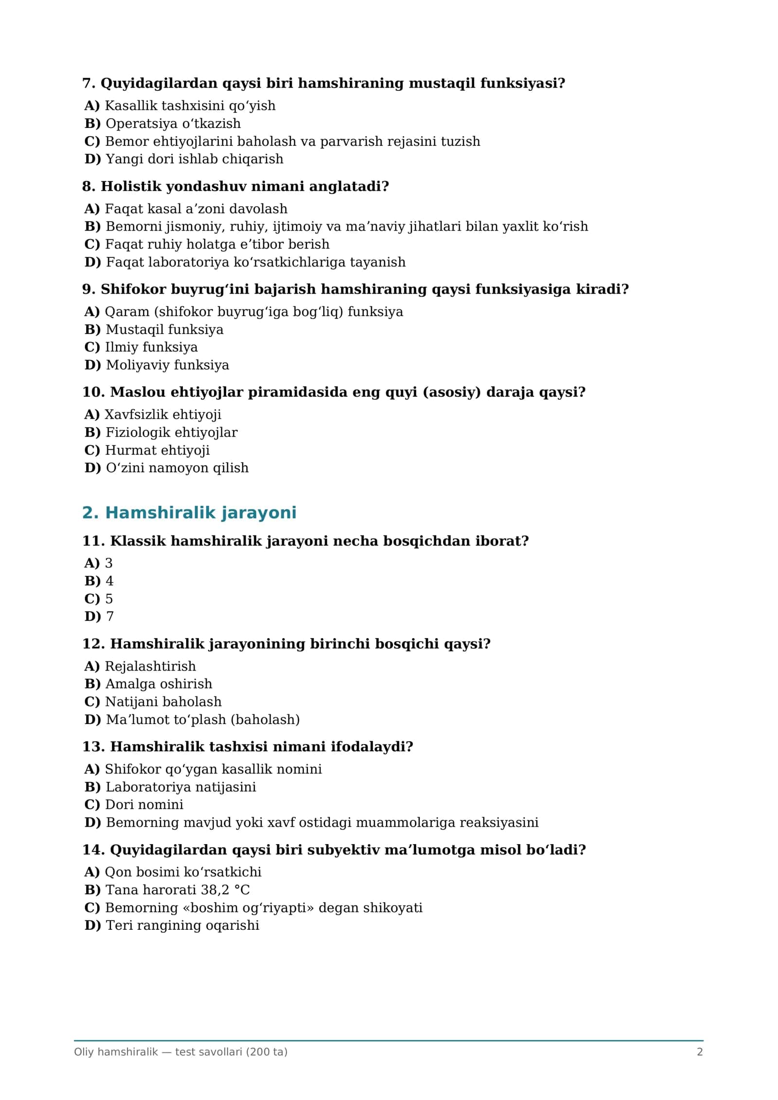 Oliy hamshiralik — test savollari (200 ta) 2