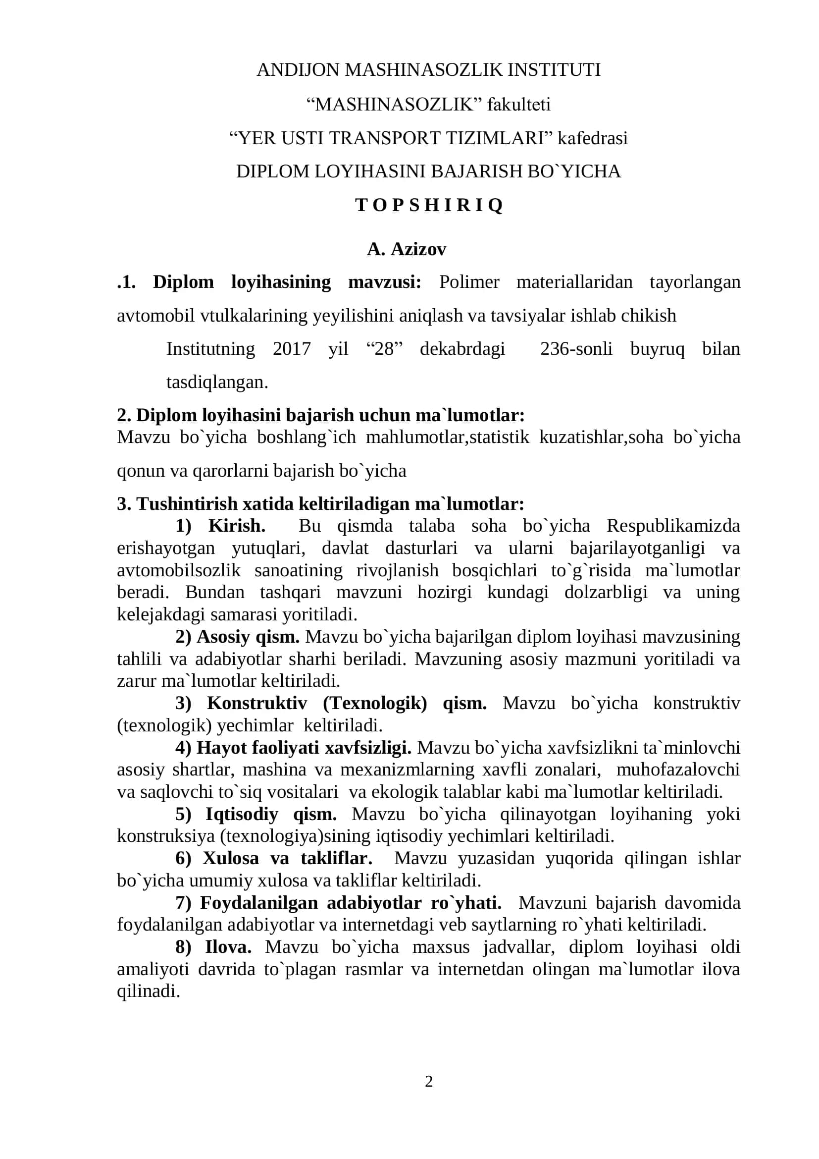 Diplom loyihasi - Polimer materiallaridan tayorlangan avtomobil vtulkalarining yeyilishini aniqlash va tavsiyalar ishlab chiqish 2