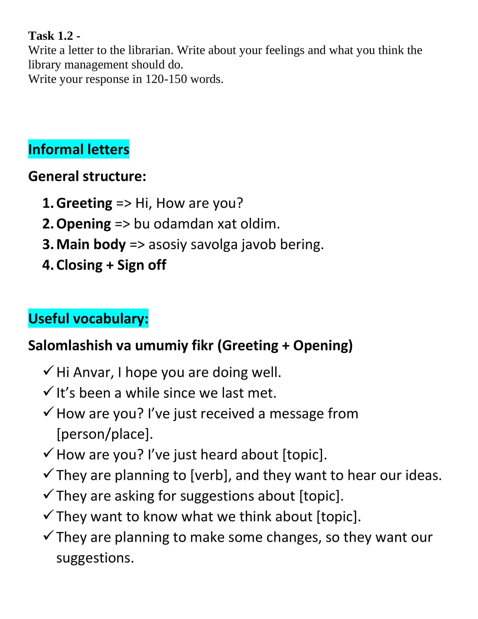 Multilevel Writing Part 1.1 - Informal letter 2