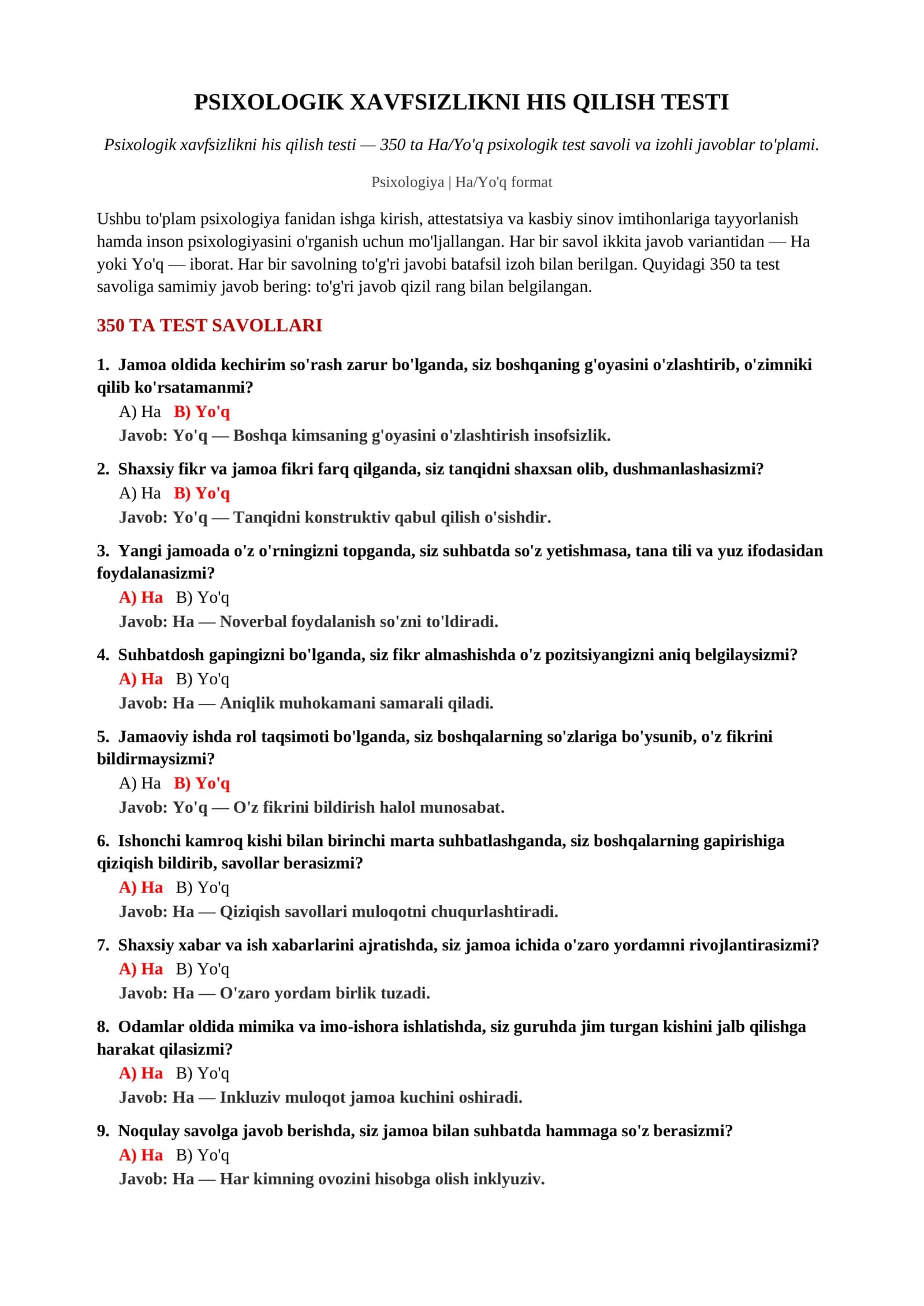 PSIXOLOGIK XAVFSIZLIKNI HIS QILISH TESTI 2