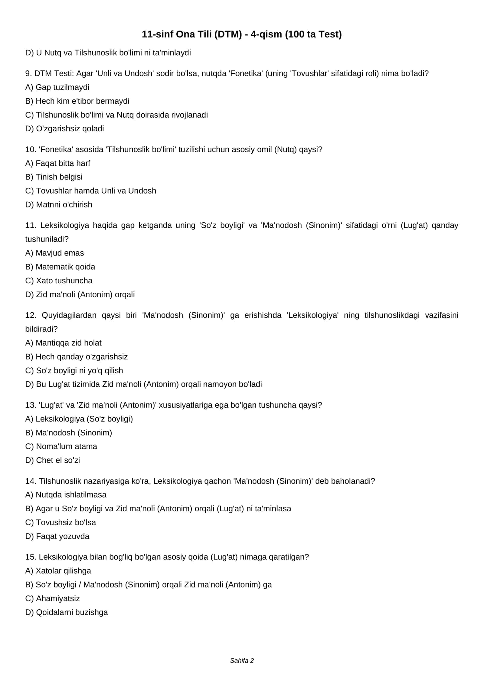 11-sinf Ona Tili (DTM) - 4-qism (100 ta Test) 2