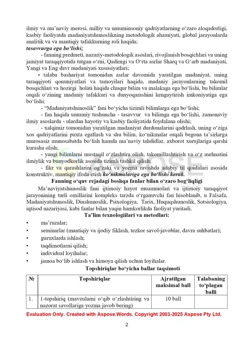 Madaniyatshunoslik fanidan sessiya oraliq nazorat ishi uchun metodik tavsiya 2