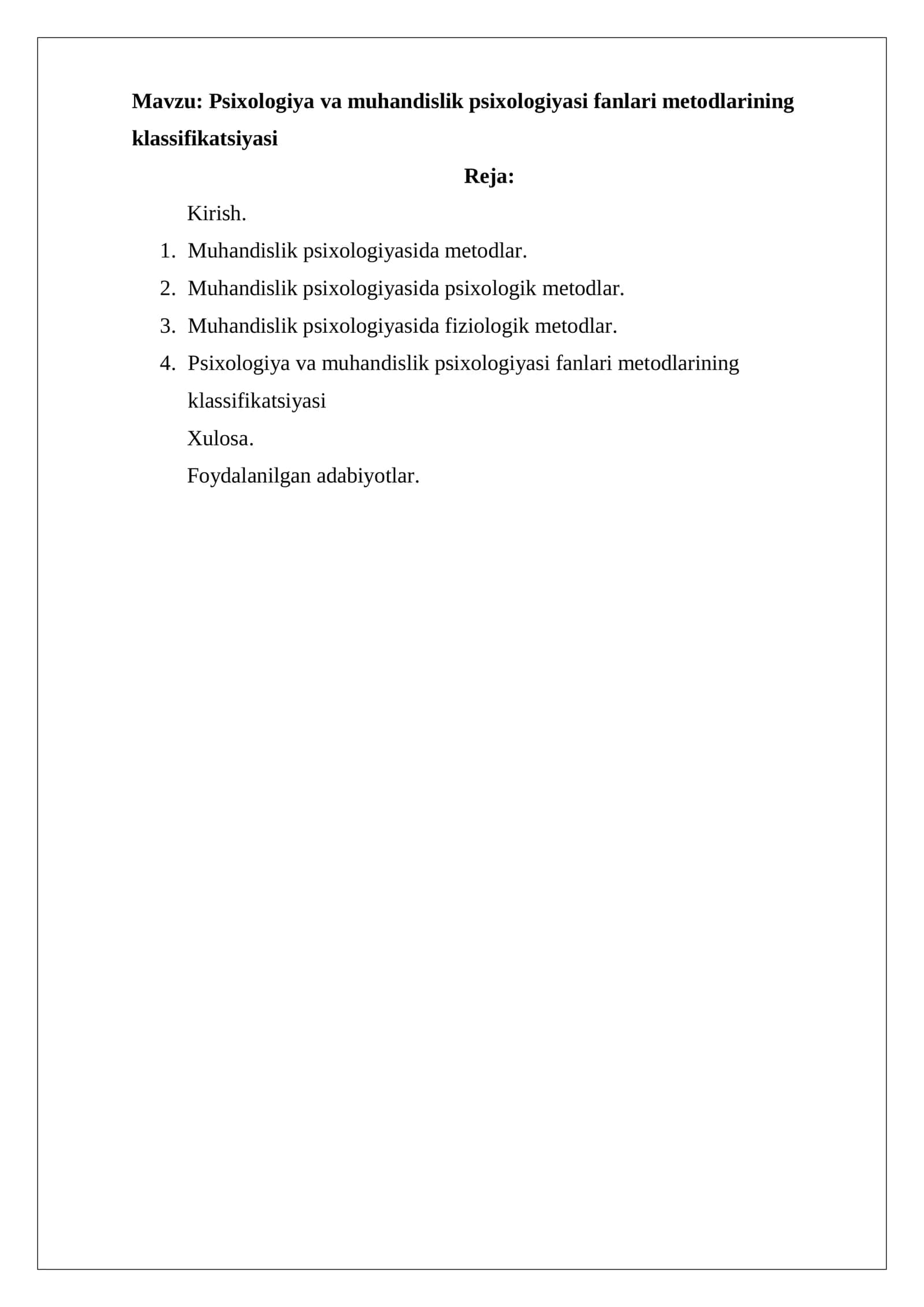 Psixologiya va muhandislik psixologiyasi fanlari metodlarining klassifikatsiyasi 2