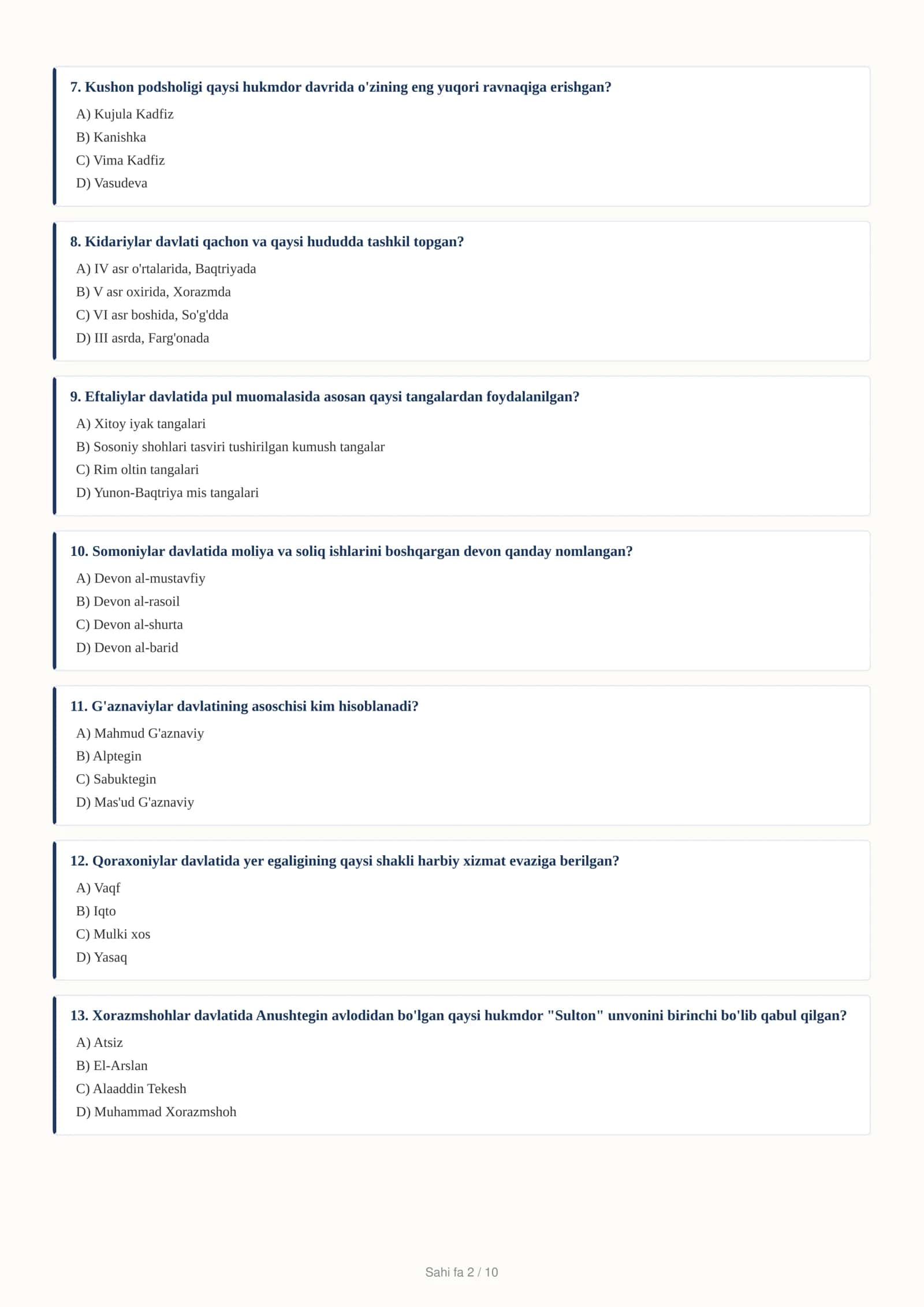 TARIX FANIDAN DTM TESTLAR TOPLAMI 2