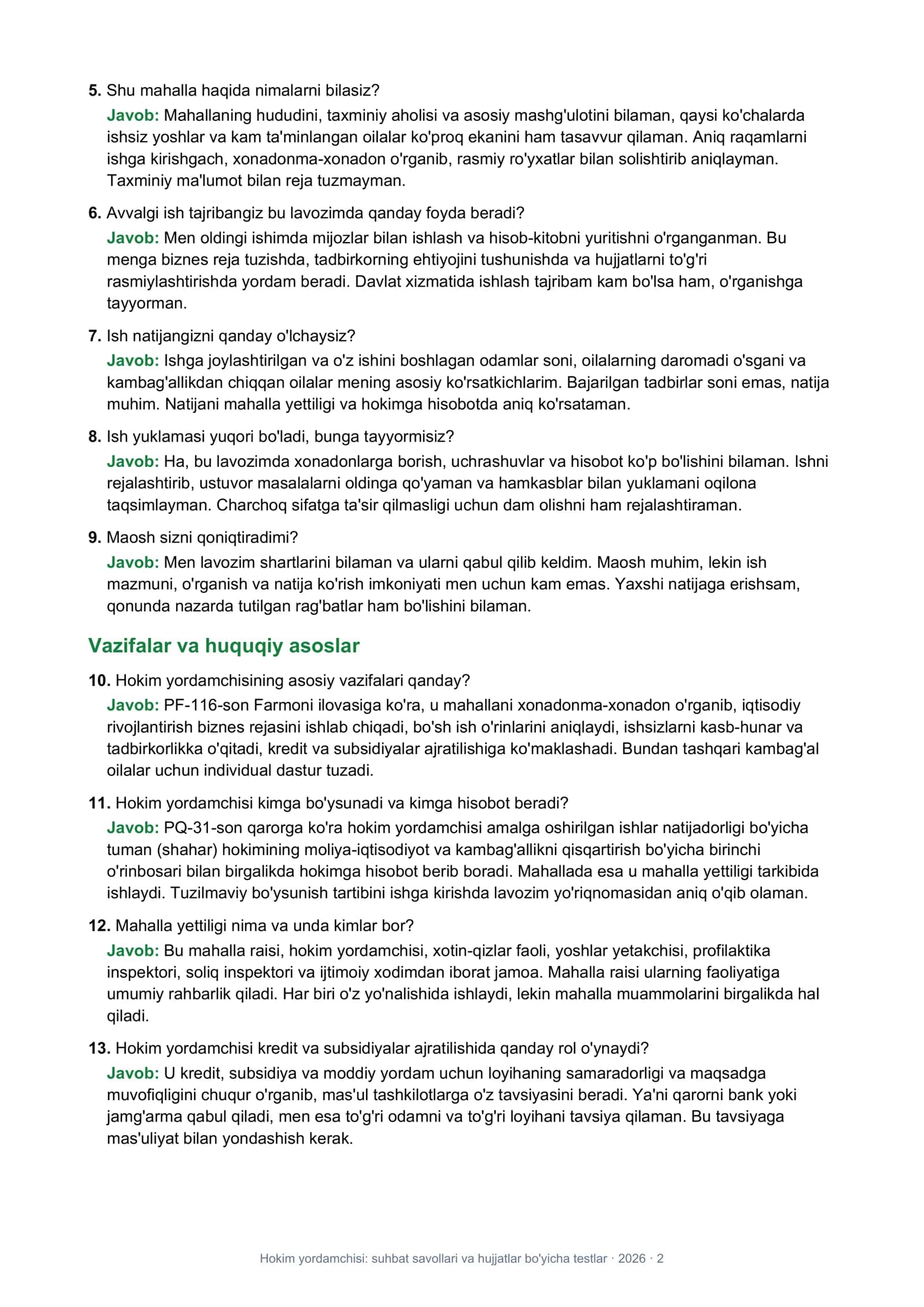 Hokim yordamchisi: suhbat savollari va javoblari 2