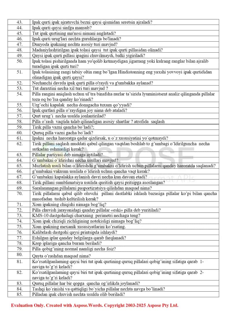 To‘qimachilik mahsulutlari texnologiyasi va jihozlari fanidan test savollari (ipak) 2