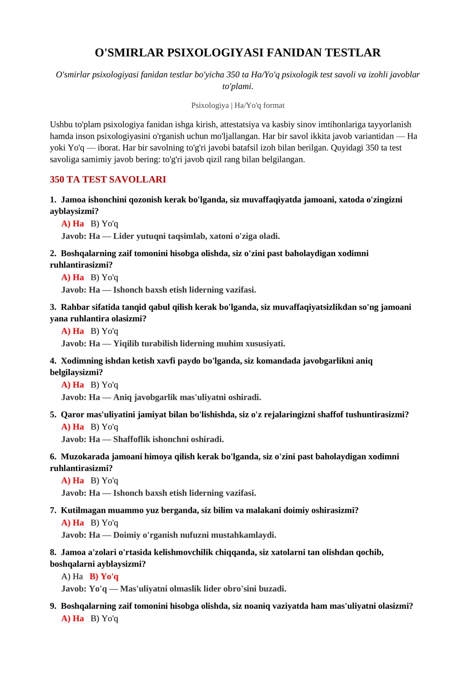 O'SMIRLAR PSIXOLOGIYASI FANIDAN TESTLAR 2