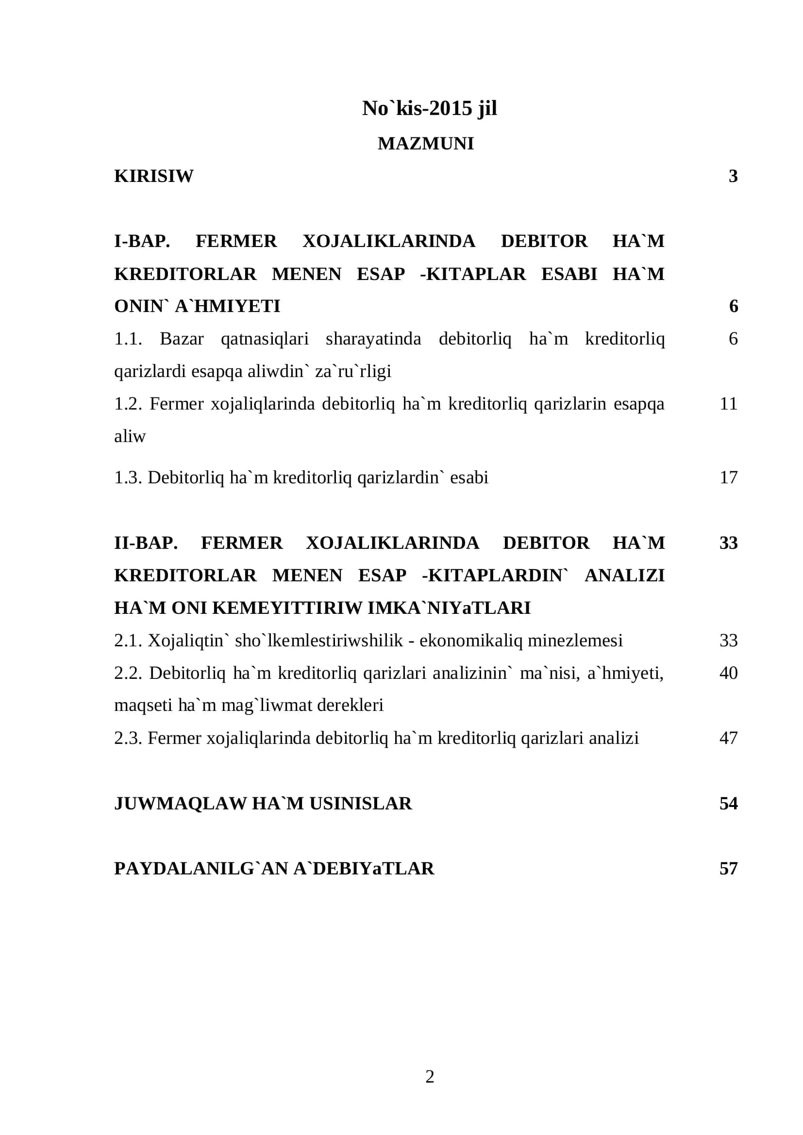 Fermer xojaliqlarinda debitor ha`m kreditorlar menen esap-kitaplar esabi ha`m analizi 2