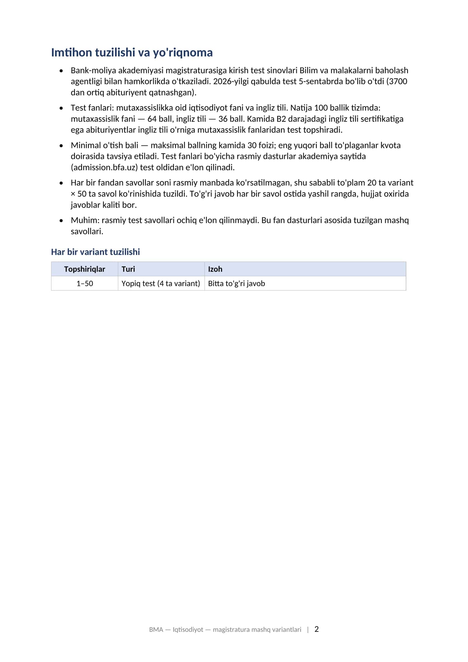 BANK-MOLIYA AKADEMIYASI: IQTISODIYOT Magistraturaga kirish test sinoviga tayyorgarlik: variantlar to'plami (2026–2027) 2