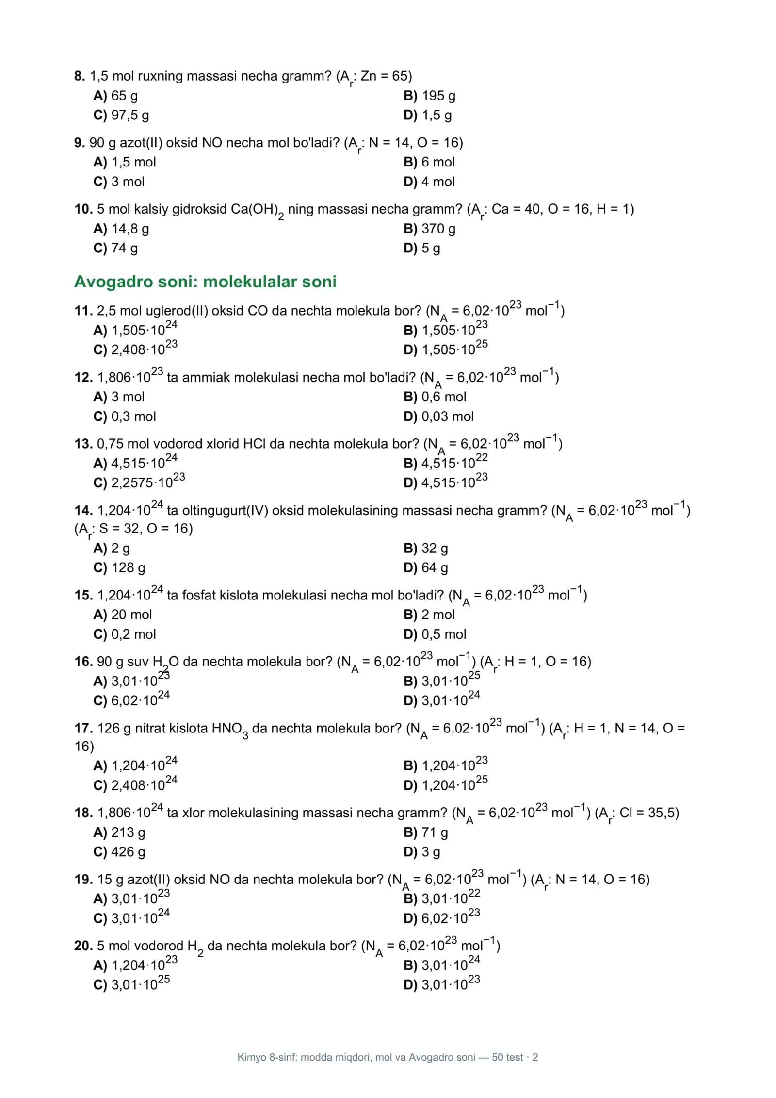 Kimyo 8-sinf: modda miqdori, mol va Avogadro soni — 50 test · 1 2