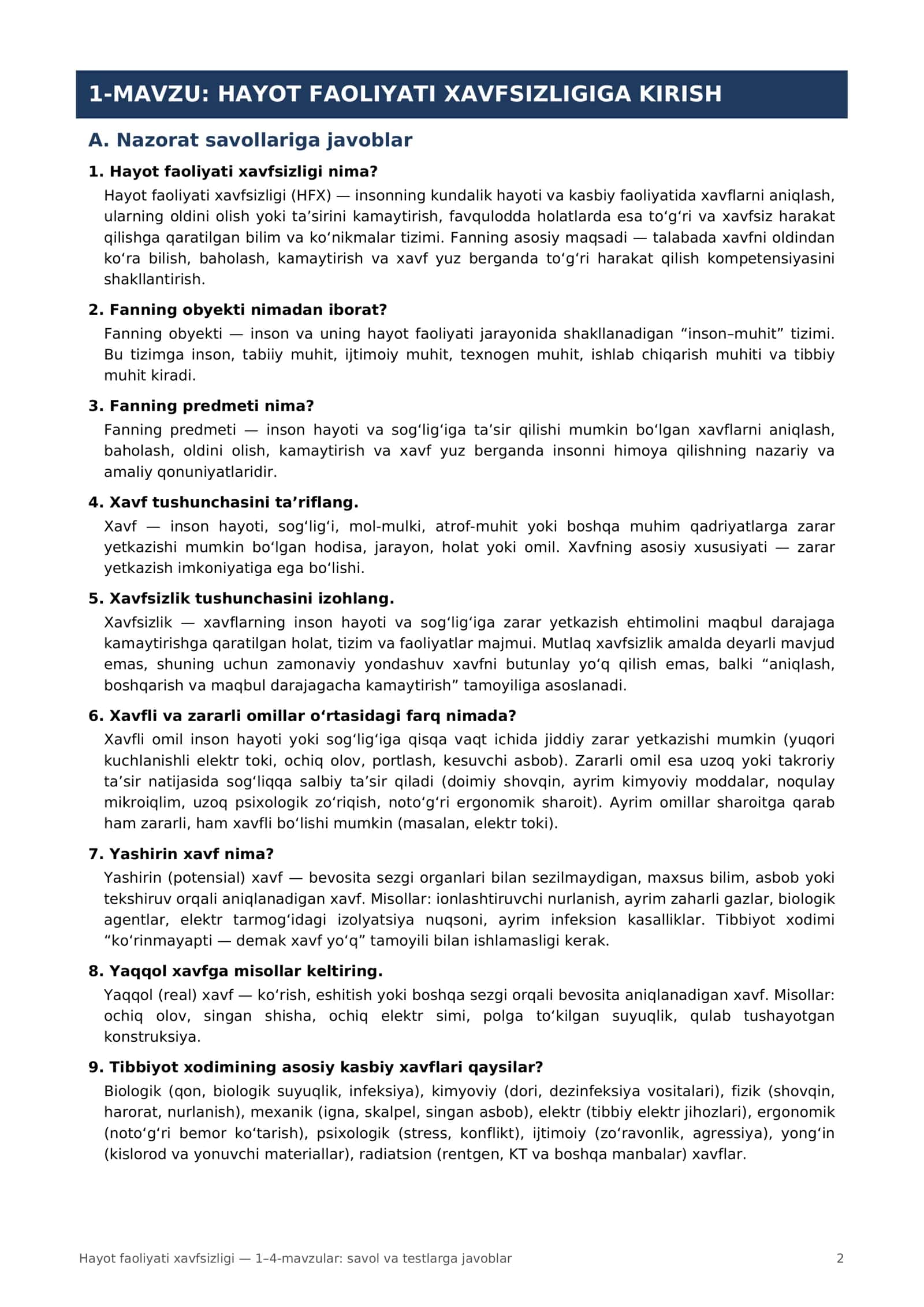 Hayot faoliyati xavfsizligi — 1–4-mavzular: savol va testlarga javoblar 2