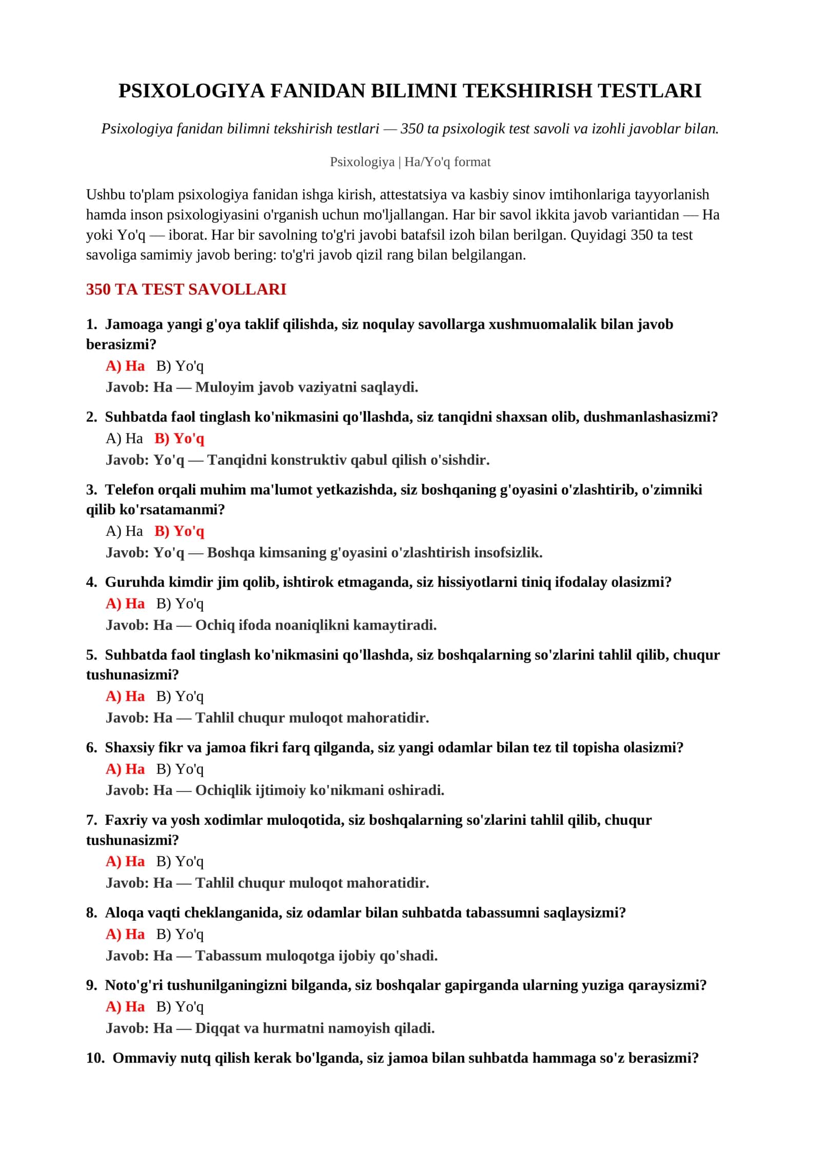PSIXOLOGIYA FANIDAN BILIMNI TEKSHIRISH TESTLARI 2