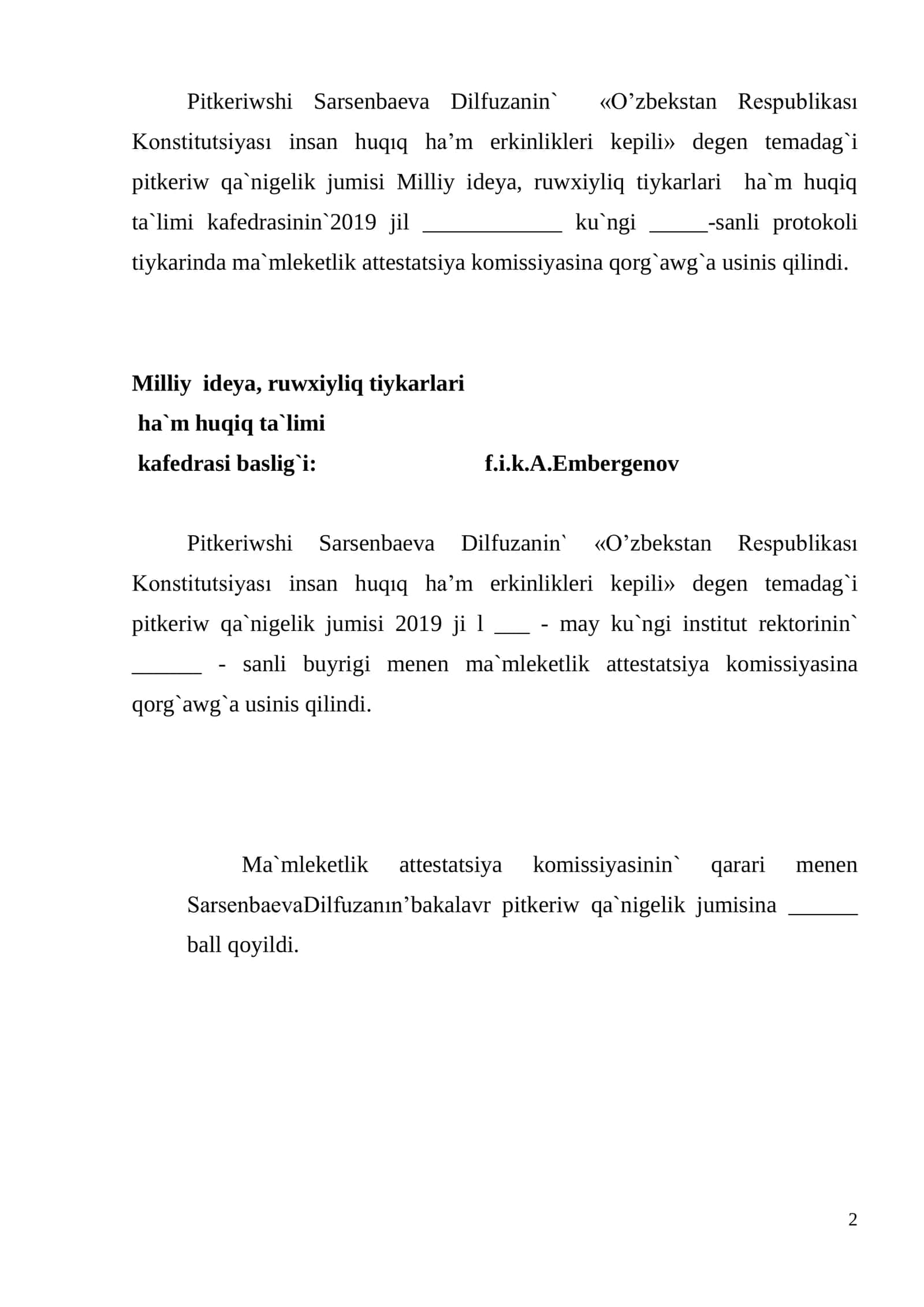 O’zbekstan Respublikası Konstitutsiyası insan huqıq ha’m erkinlikleri kepili 2