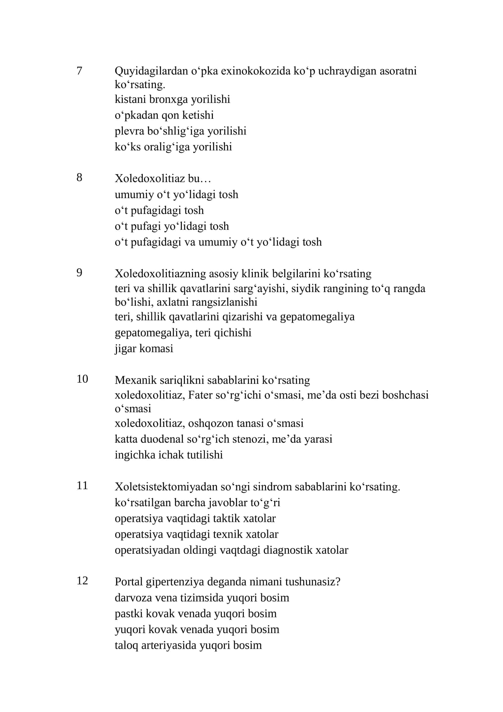 Xirurgiya mutaxassisligi bo‘yicha shakllantirilgan test savollari ro‘yxati 2