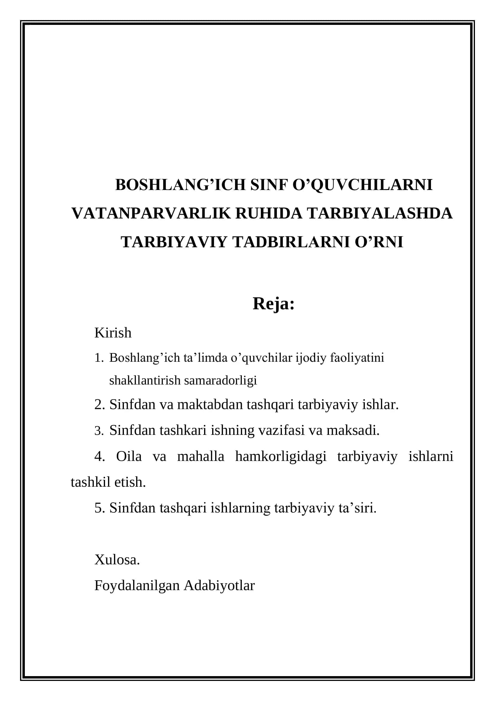 Boshlang’ich sinf o’quvchilarni vatanparvarlik ruhida tarbiyalashda tarbiyaviy tadbirlarni 2