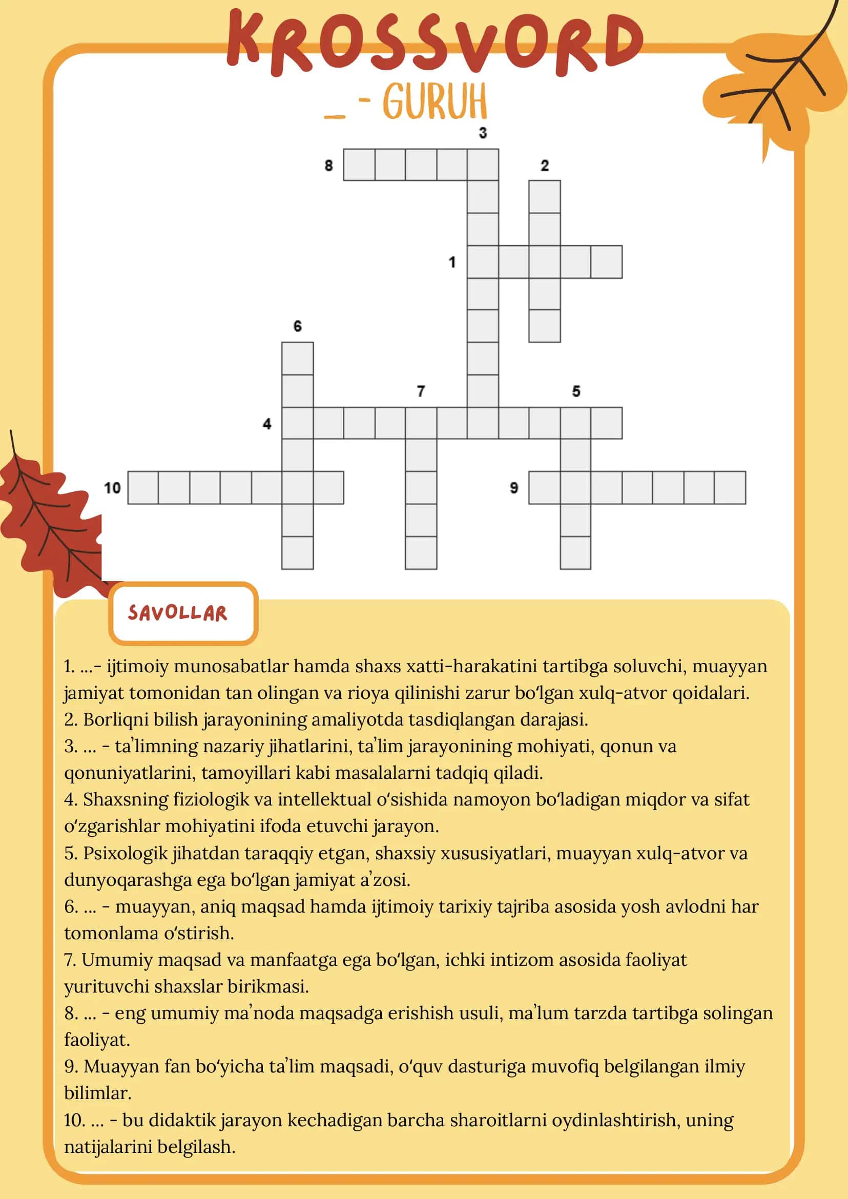 Umumiy pedagogika fanidan krasvord javoblari bilan 2