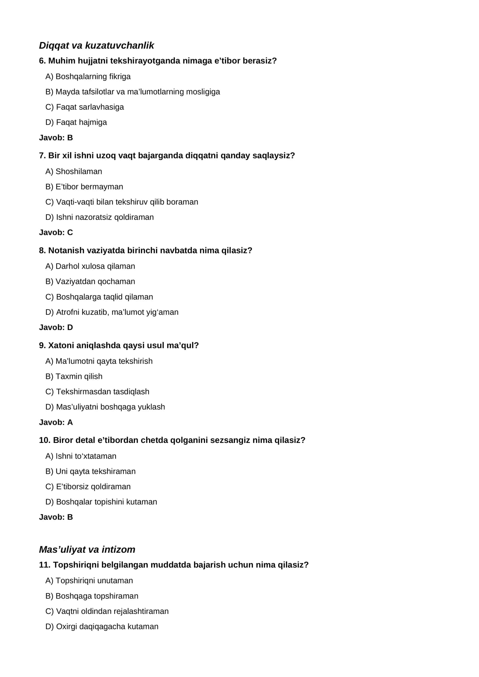 Bojxona psixologik test savollari — 300 ta test va javoblari 2
