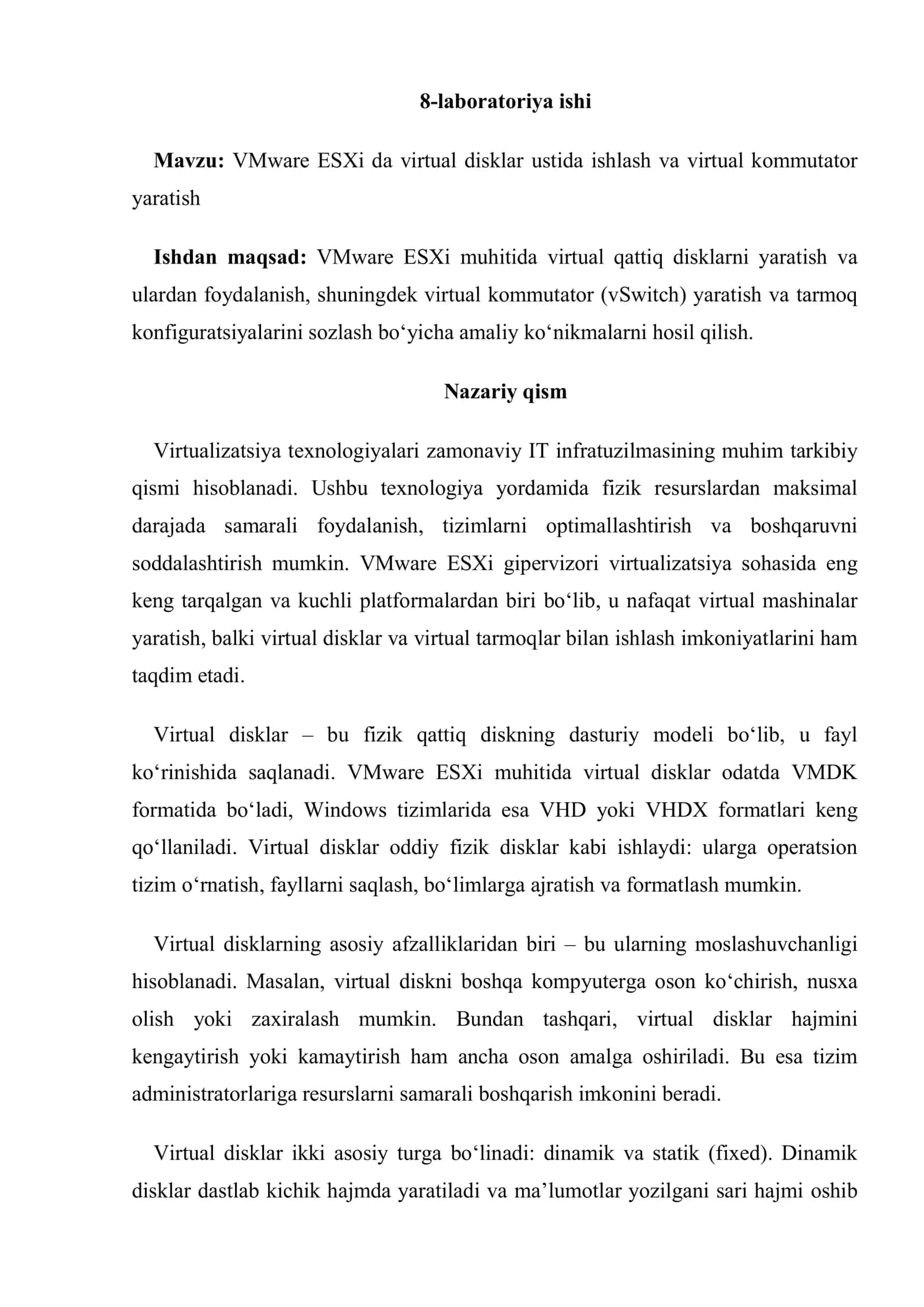 VMware ESXi da virtual disklar ustida ishlash va virtual kommutator yaratish 2
