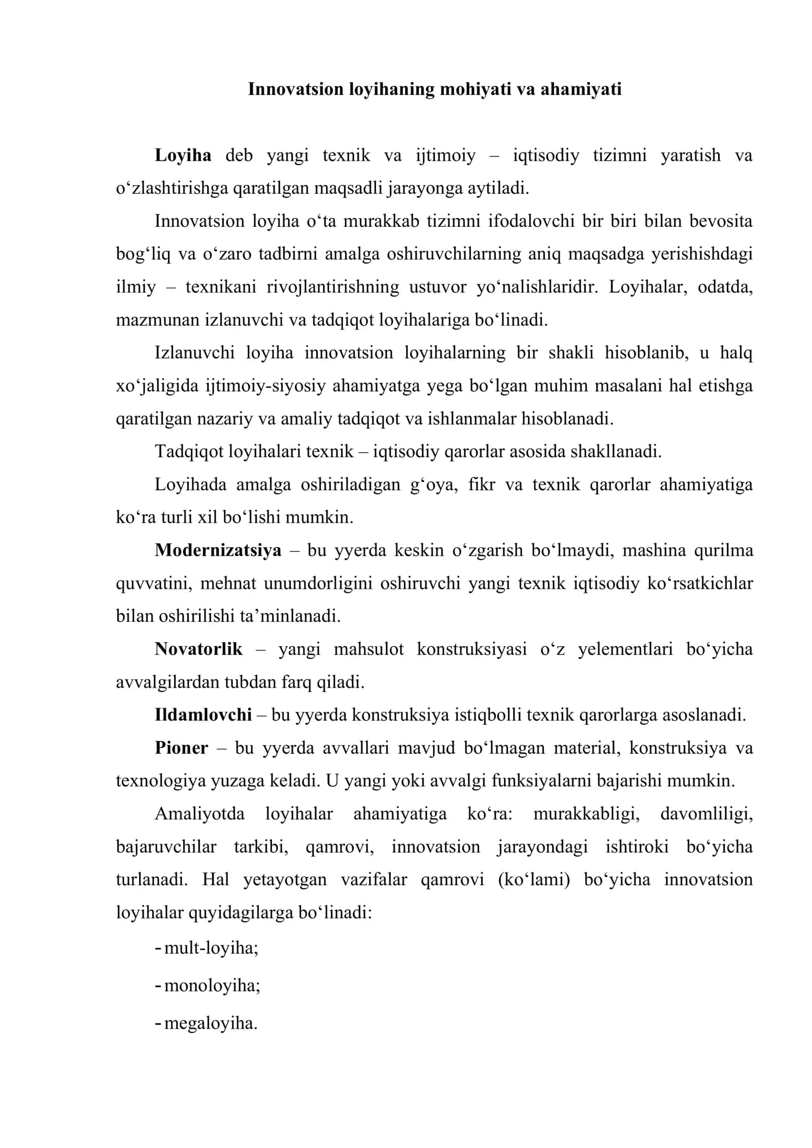 Innovatsion loyihalarni boshqarish 2