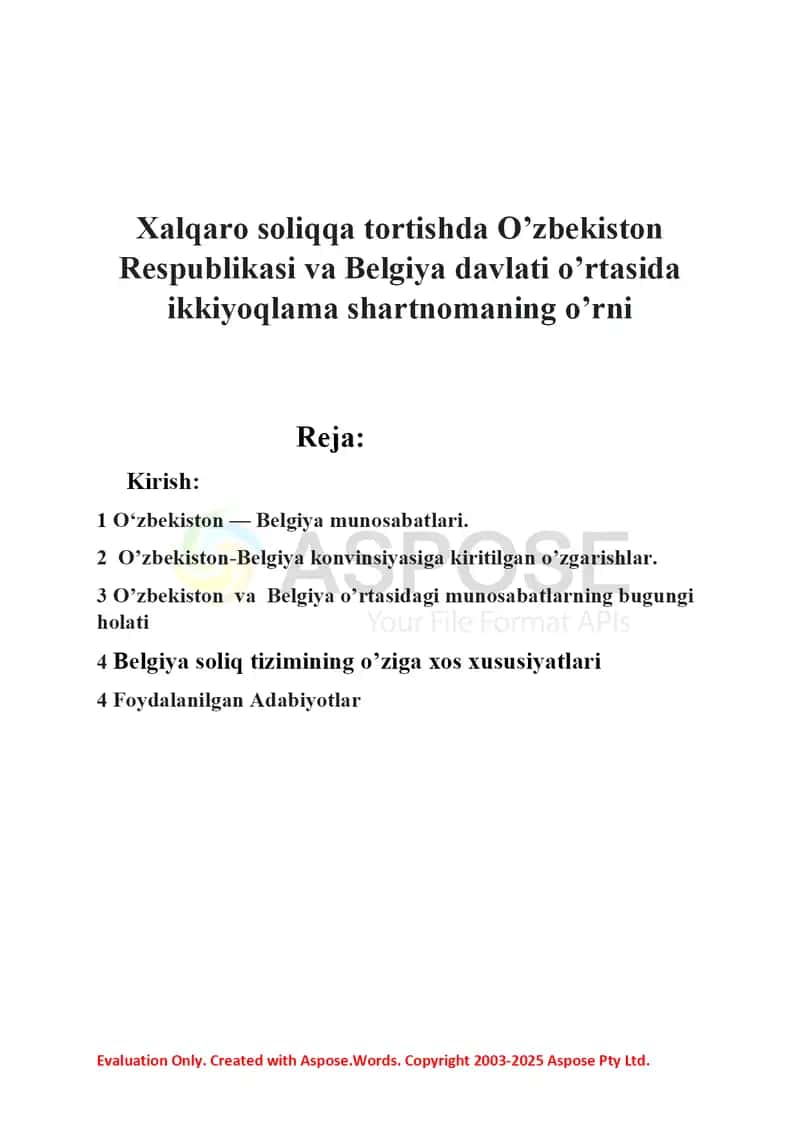 Xalqaro soliqqa tortishda O‘zbekiston Respublikasi va Belgiya davlati o‘rtasida ikkiyoqlama shartnomaning o‘rni 2