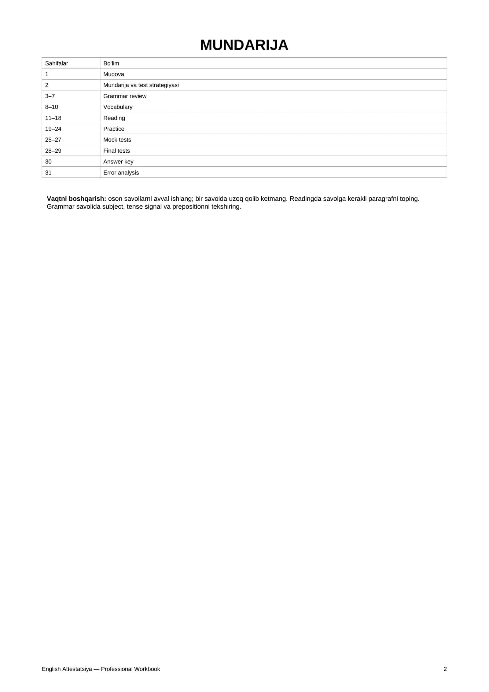 ENGLISH ATTESTATSIYAGA TAYYORGARLIK Professional Workbook 2