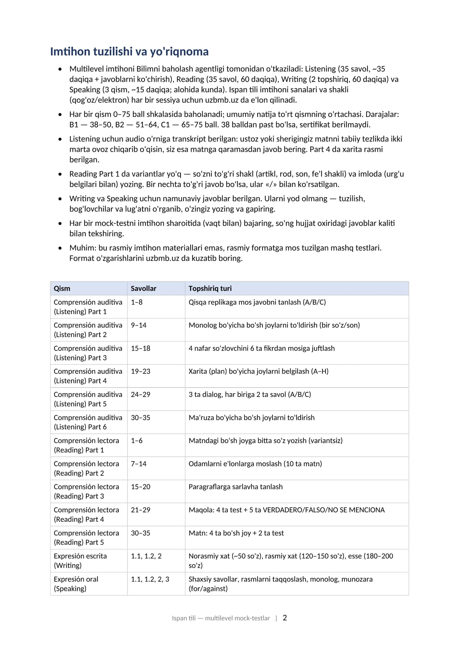 ISPAN TILI (ESPAÑOL) Multilevel (CEFR) milliy sertifikat imtihoniga tayyorgarlik: mock-testlar to'plami (2025–2026) 2