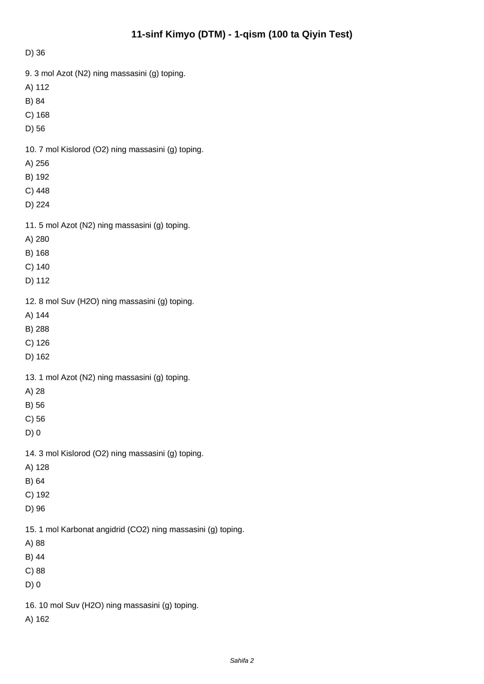 11-sinf Kimyo (DTM) - 1-qism (100 ta Qiyin Test) 2