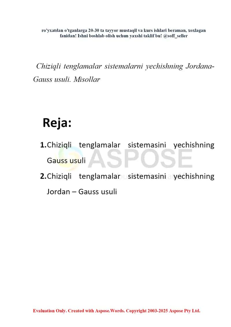 Chiziqli tenglamalar sistemasini yechishning Gauss–Jordan usuli 2