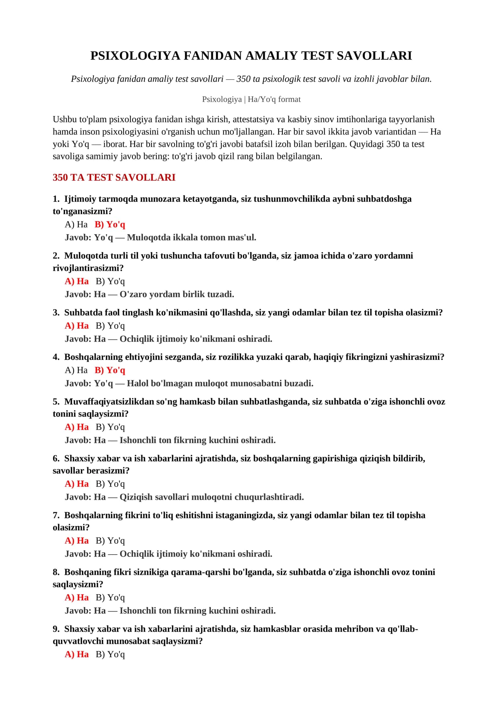 Psixologiya fanidan amaliy test savollari 2