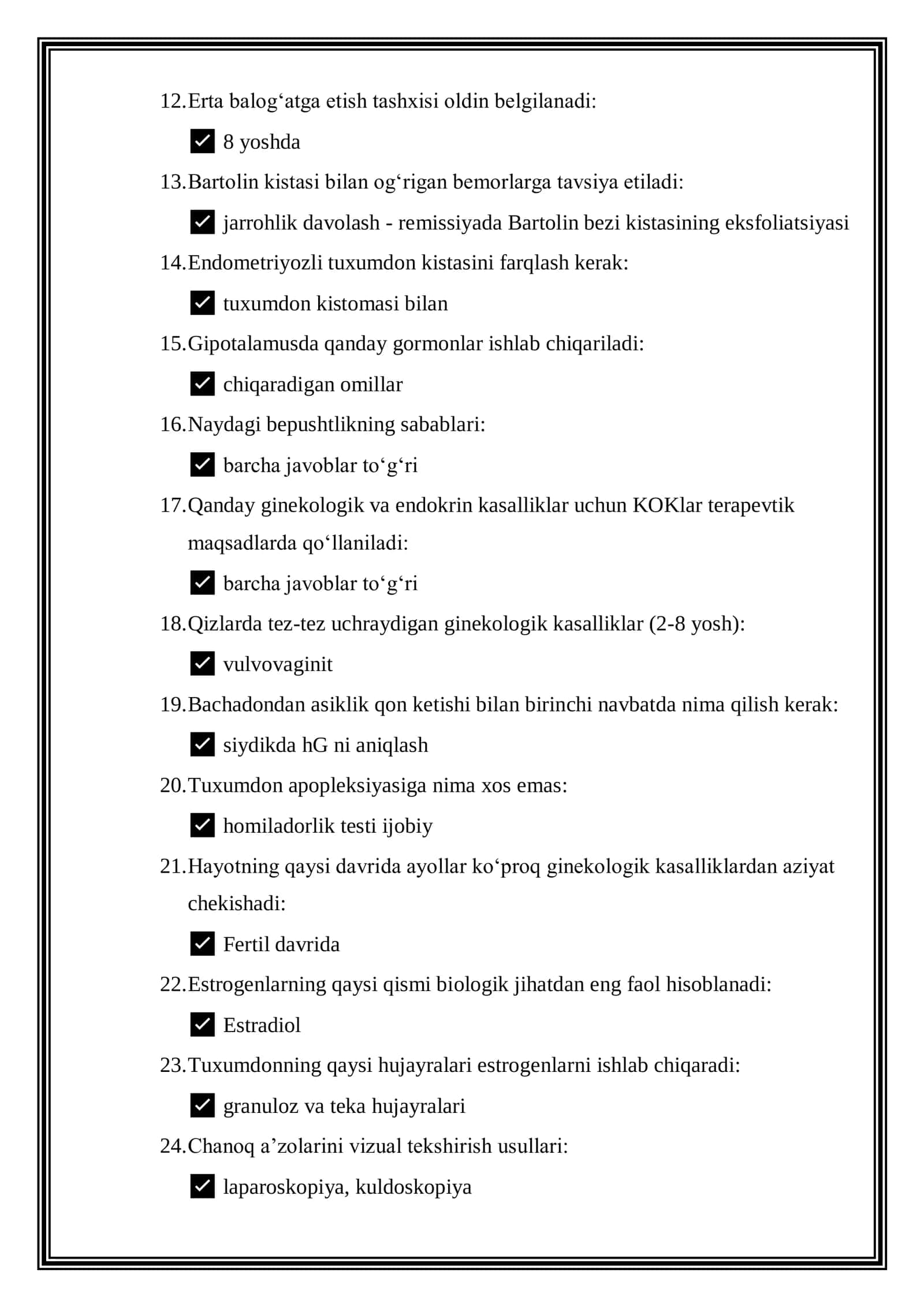Bolalar va oʻsmir qizlar ginekologiyasi mutaxassisligi boʻyicha shakllantirilgan test savollari roʻyxati 2