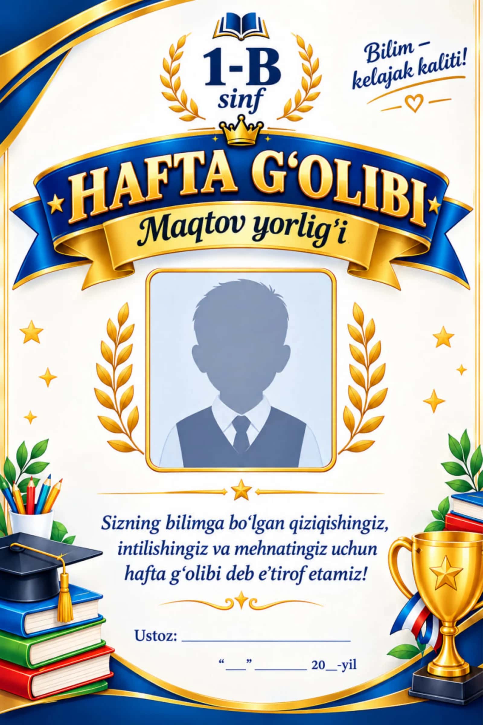 Hafta g'olibi nominatsiyasi bo'yicha maqtov yorliqlari 1-sinf 2