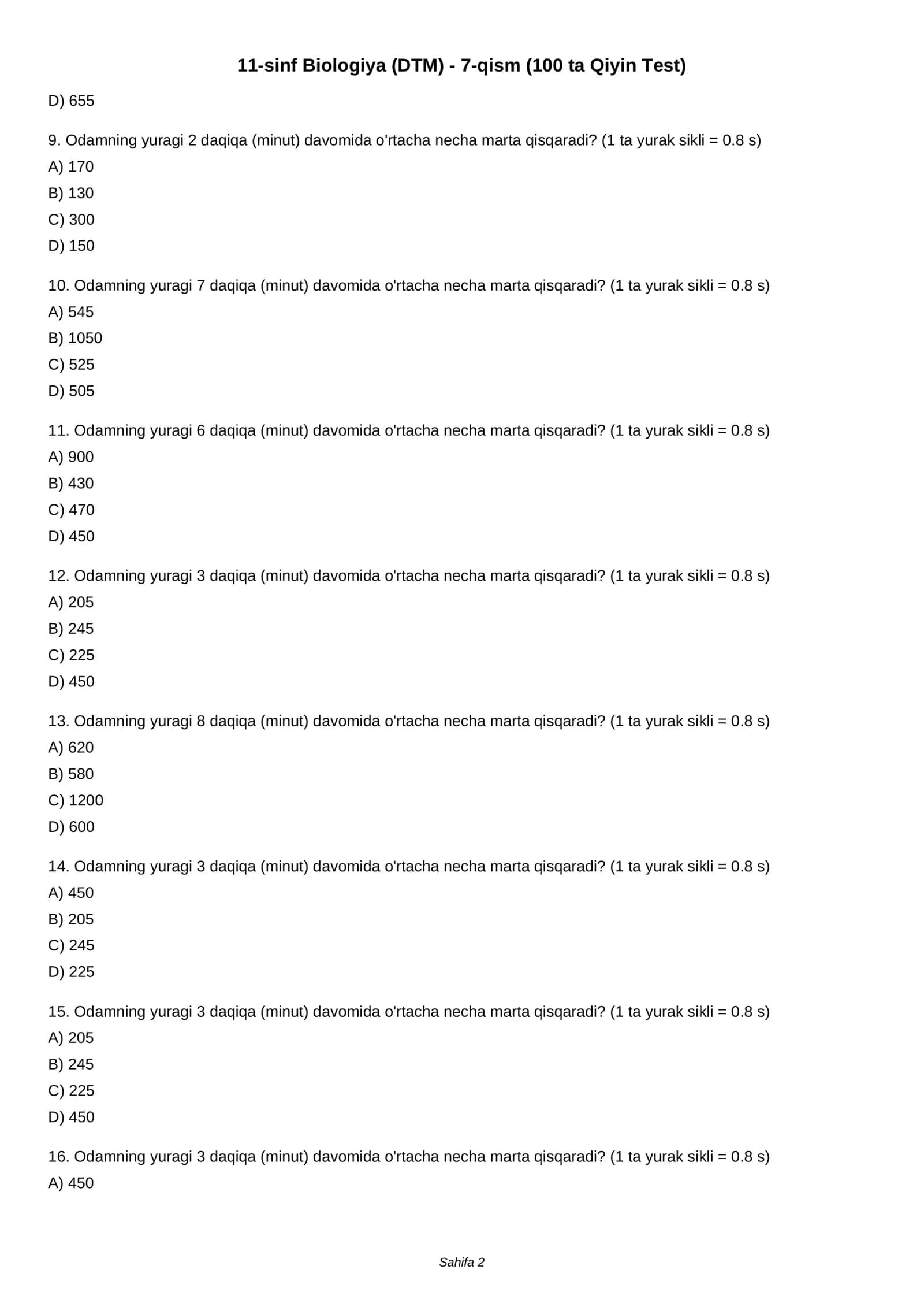 11-sinf Biologiya (DTM) - 7-qism (100 ta Qiyin Test) 2