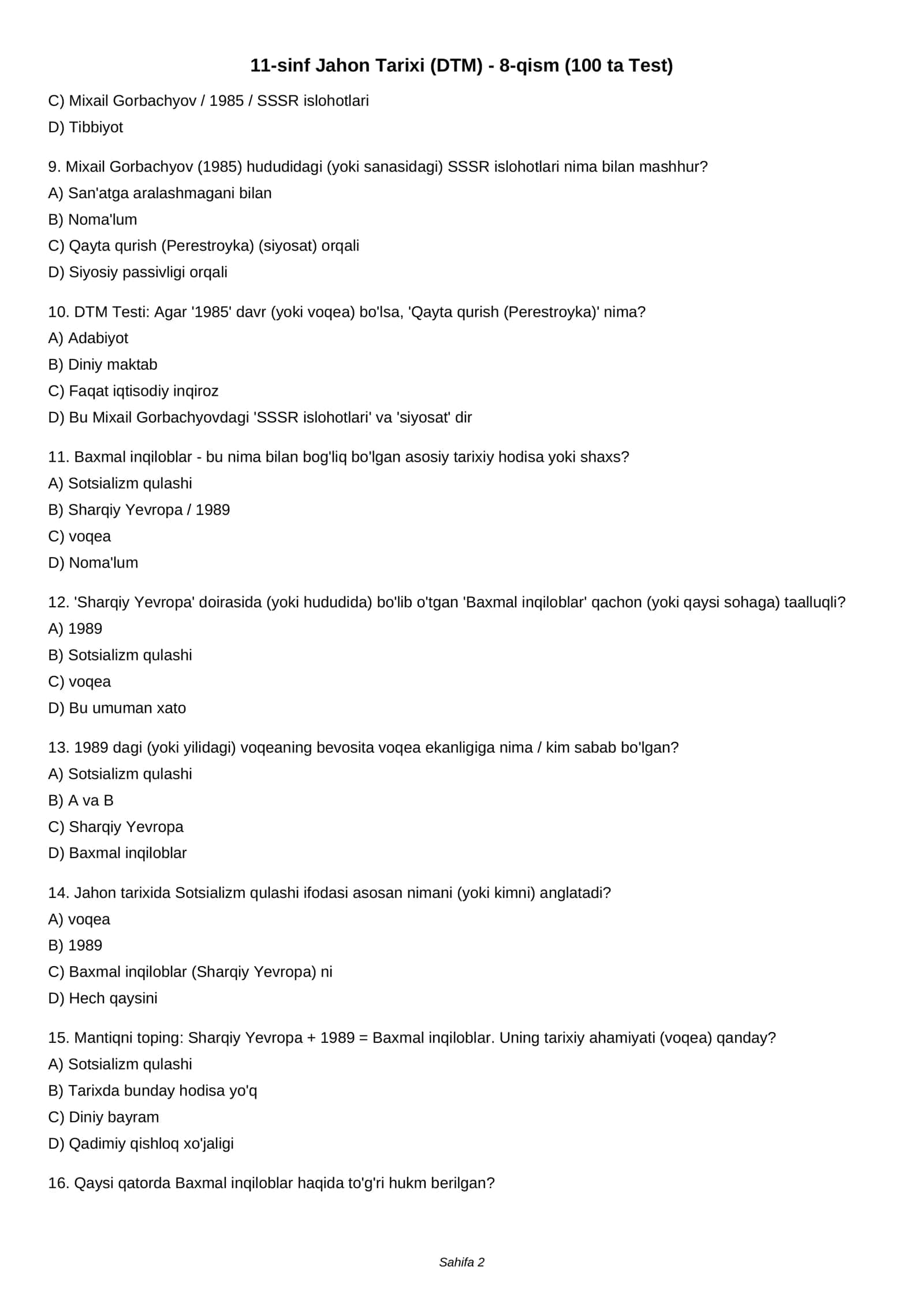 11-sinf Jahon Tarixi (DTM) - 8-qism (100 ta Test) 2