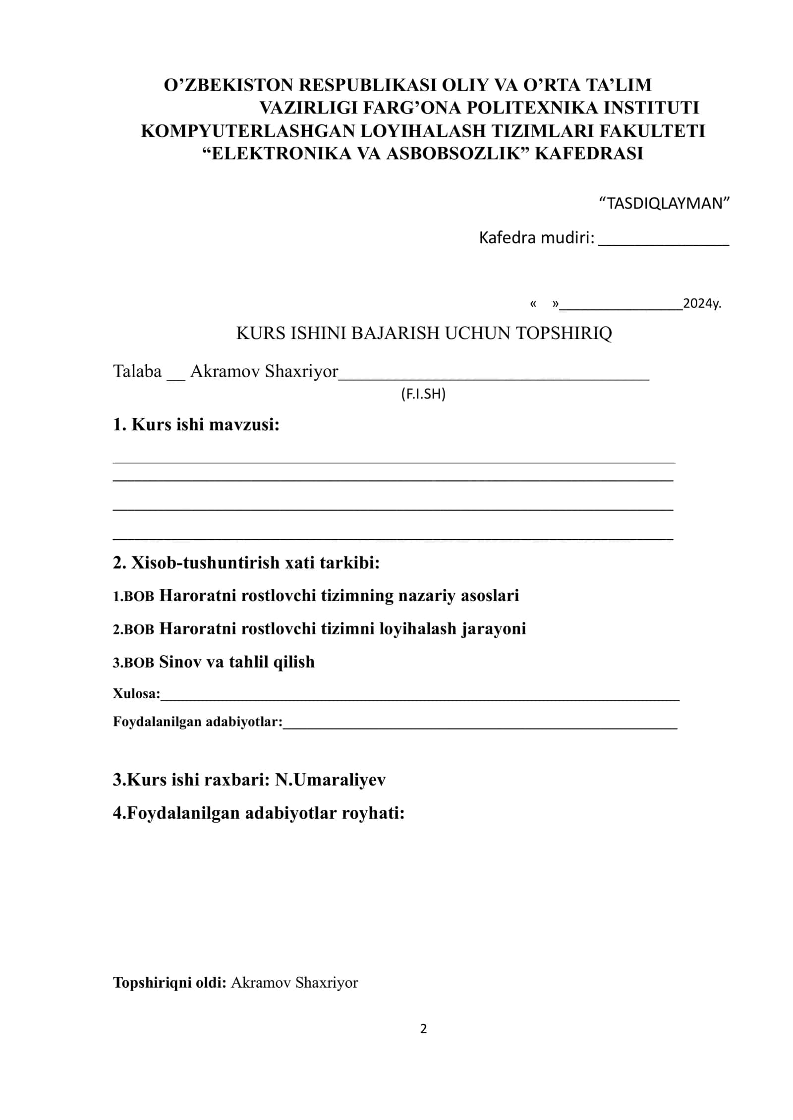 Harorat o’chovchi statsionar qurulmaning dasturini loyixalsh 2