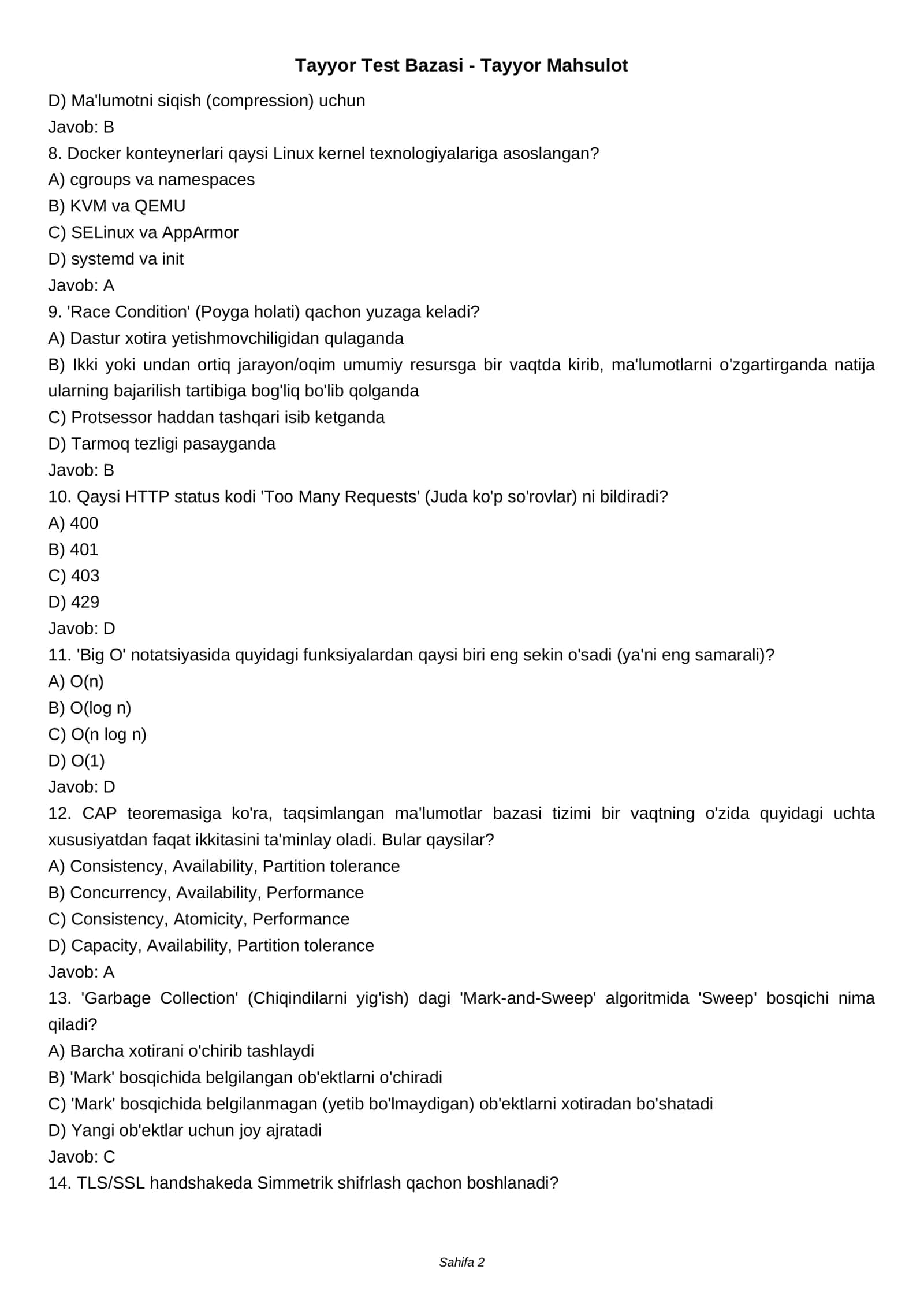 IT Yo'nalishida O'ta Qiyin Testlar Bazasi 2