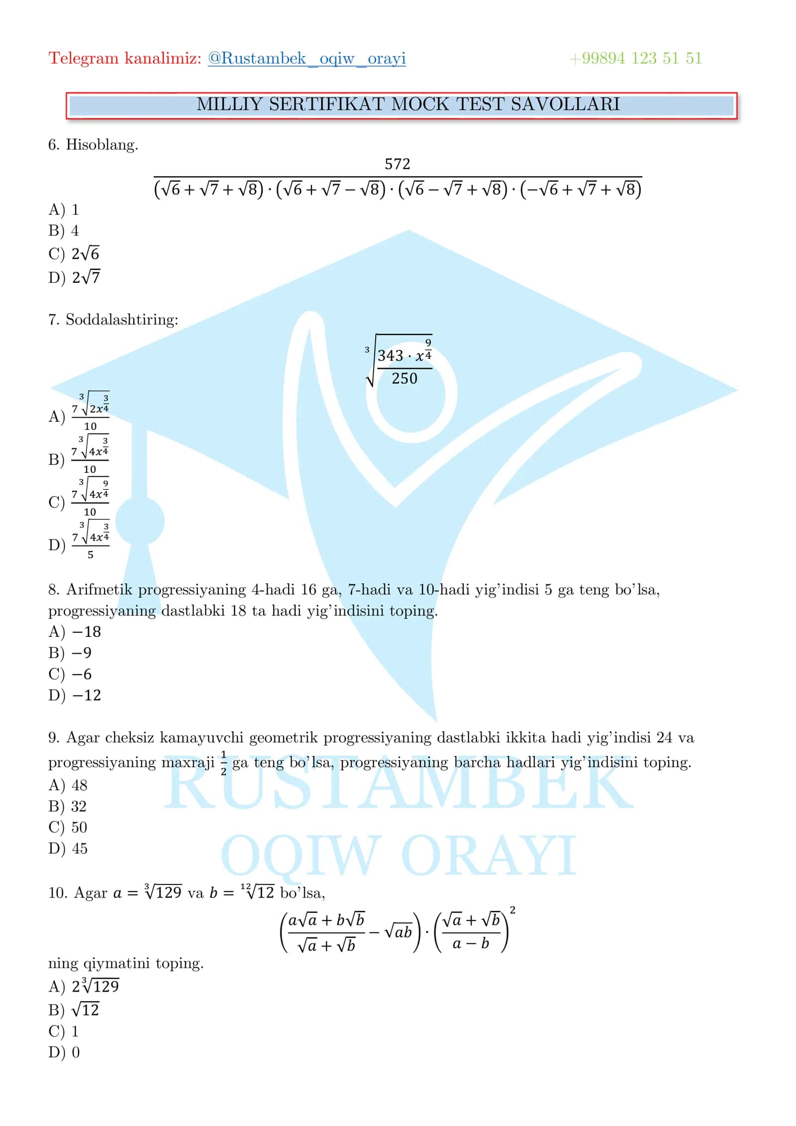 MILLIY SERTIFIKAT MOCK TEST SAVOLLARI 2