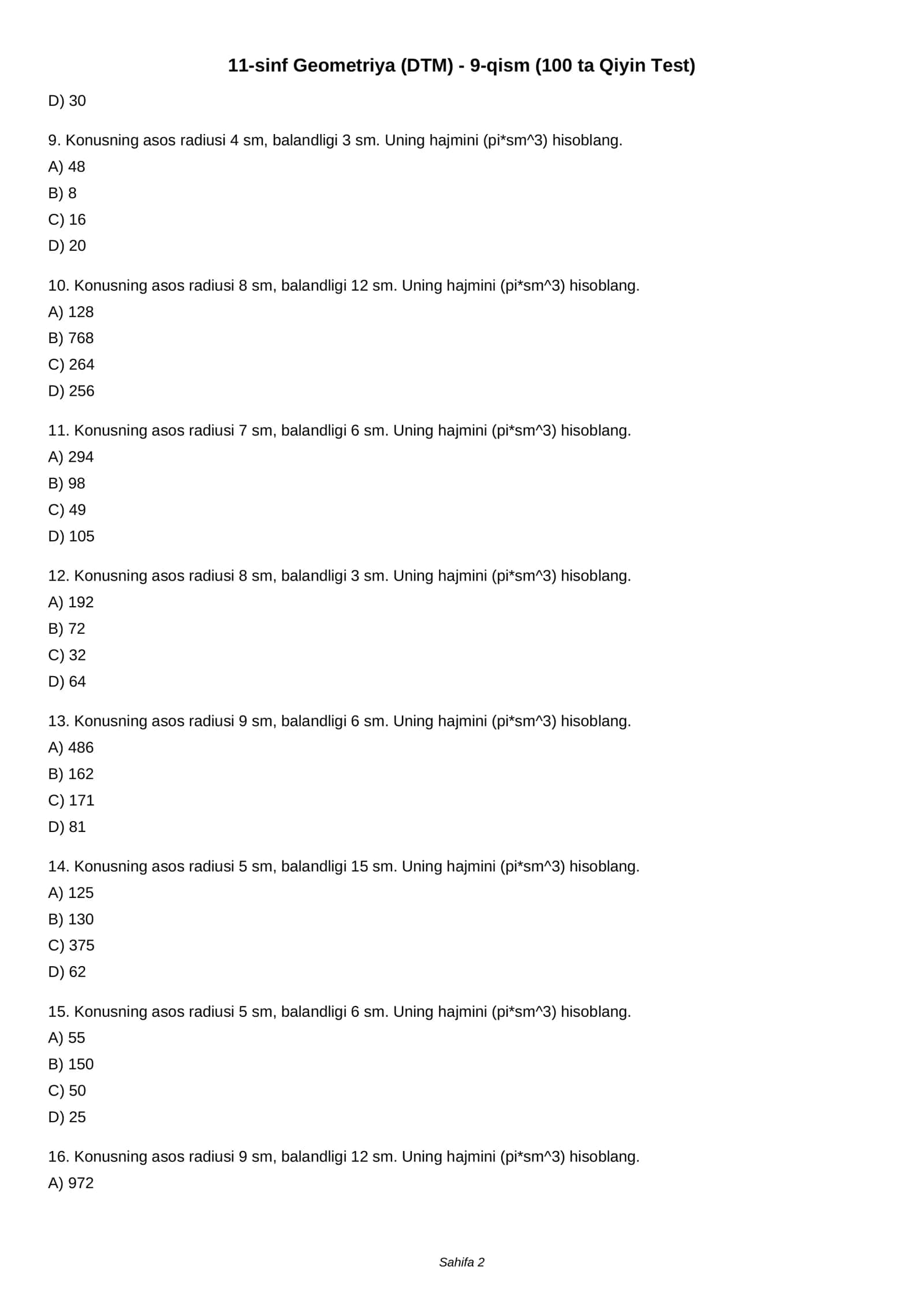 11-sinf Geometriya (DTM) - 9-qism (100 ta Qiyin Test) 2
