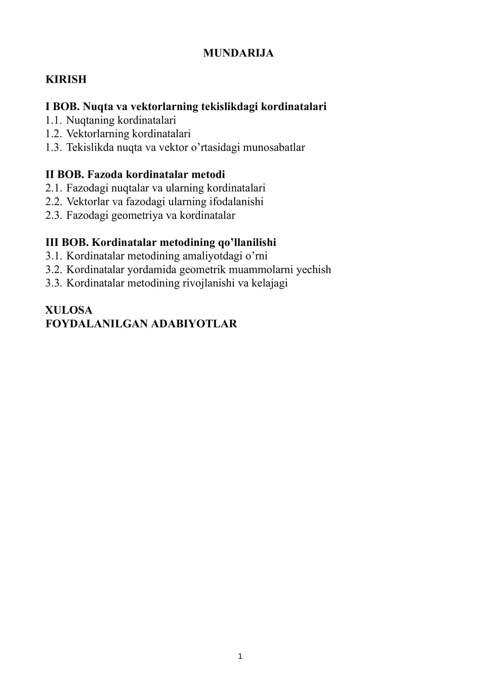 Kurs ishi: Analitik Geometrya Fanidan Tayyorlagan 2