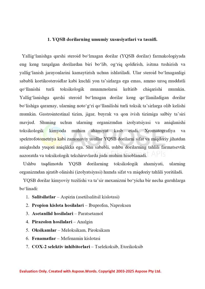 3. Yallig'lanishga qarshi steroid bo'lmagan dorilar. Toksikologik ahamiyati, izolyatsiyasi, sifat va miqdoriy tahlili. Referat 8 bet. 2