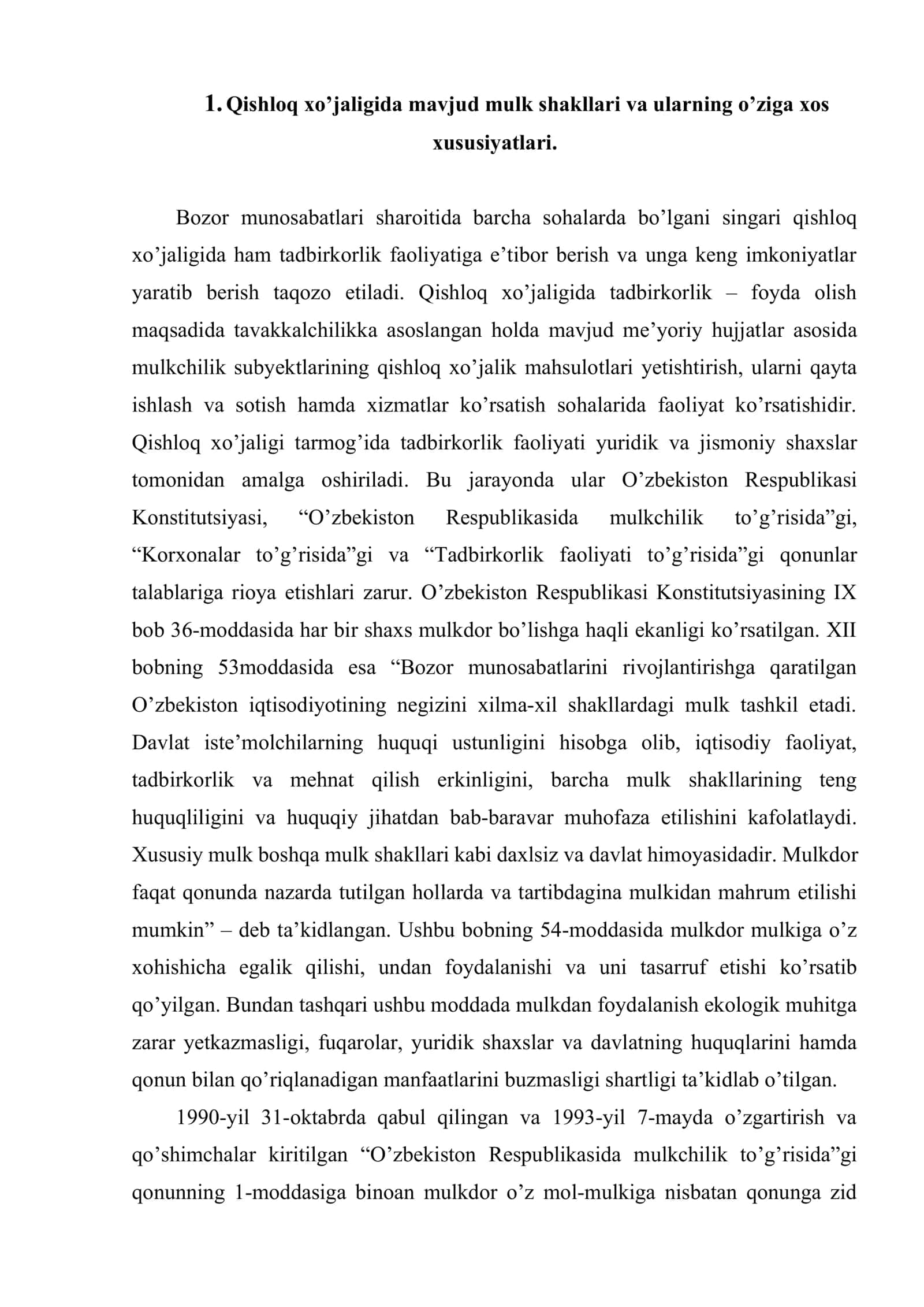 Qishloq xo’jaligida mulk va xo’jalik yuritish shakllarining samaradorligi 2