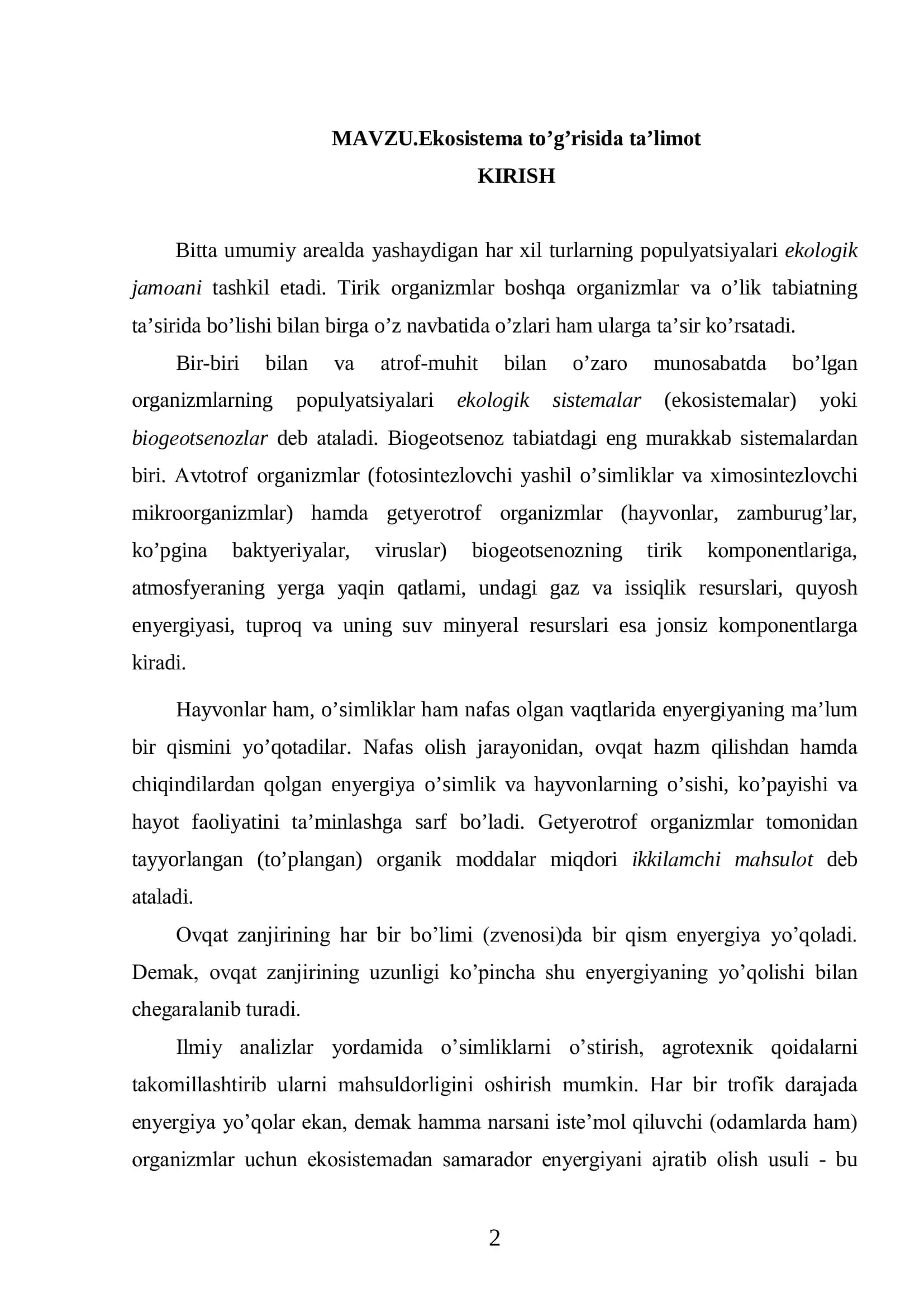 Ekosistema to’g’risida ta’limot 2