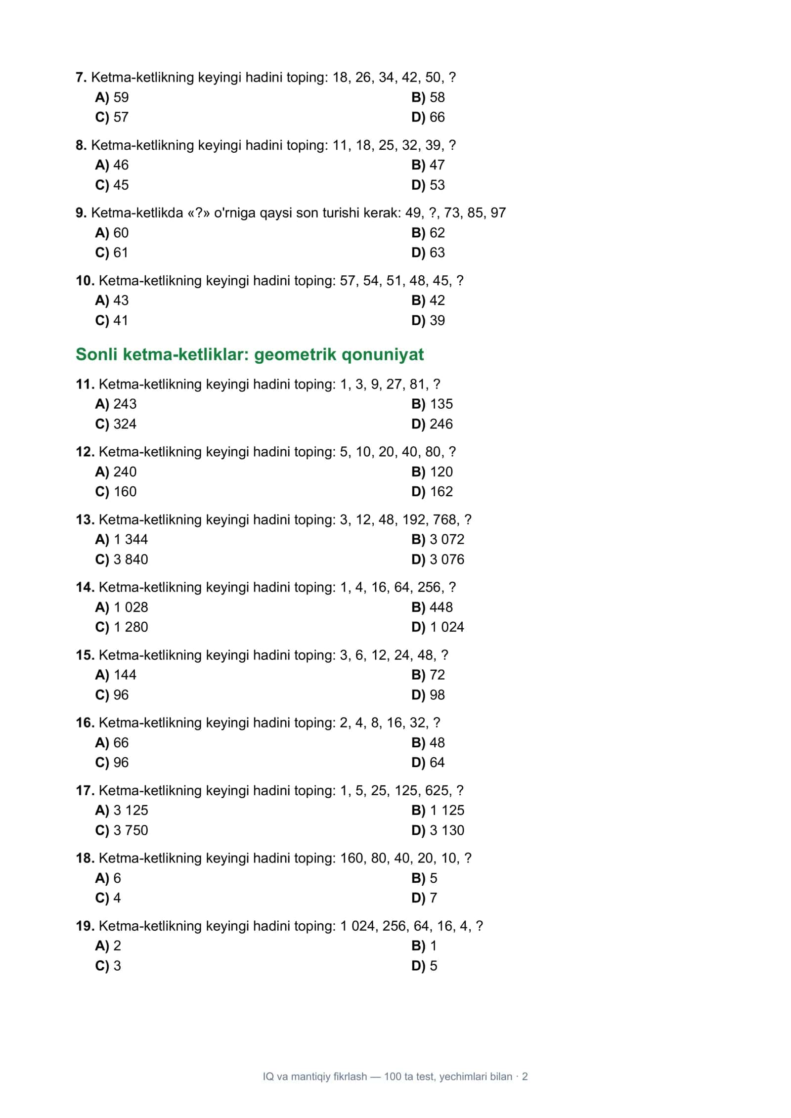 IQ va mantiqiy fikrlash — 100 ta test, yechimlari bilan 2