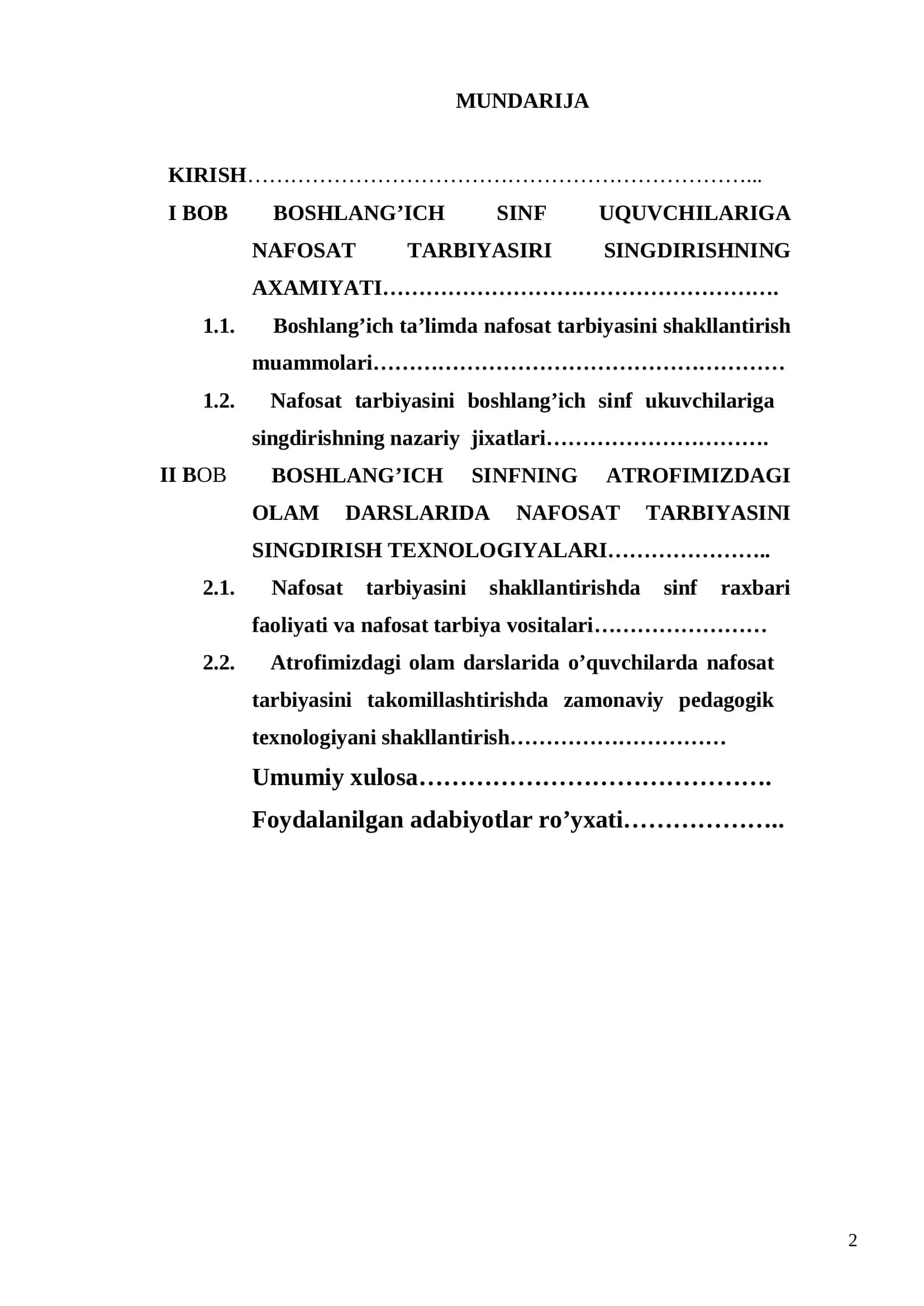 Boshlang’ich ta’lim va sport-tarbiyaviy ishi ta’lim yo’nalishi bo’yicha bakalavr darajasini olish uchun 2