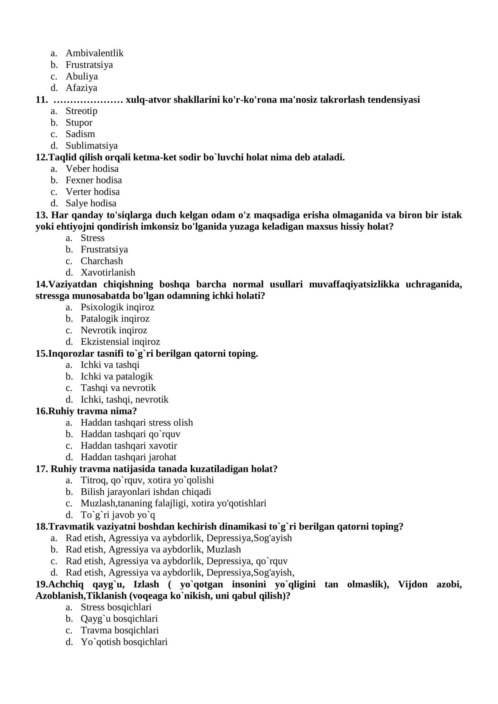 Ekstremal vaziyatlarda psixologik xizmat fanidan nazorat ishi 2