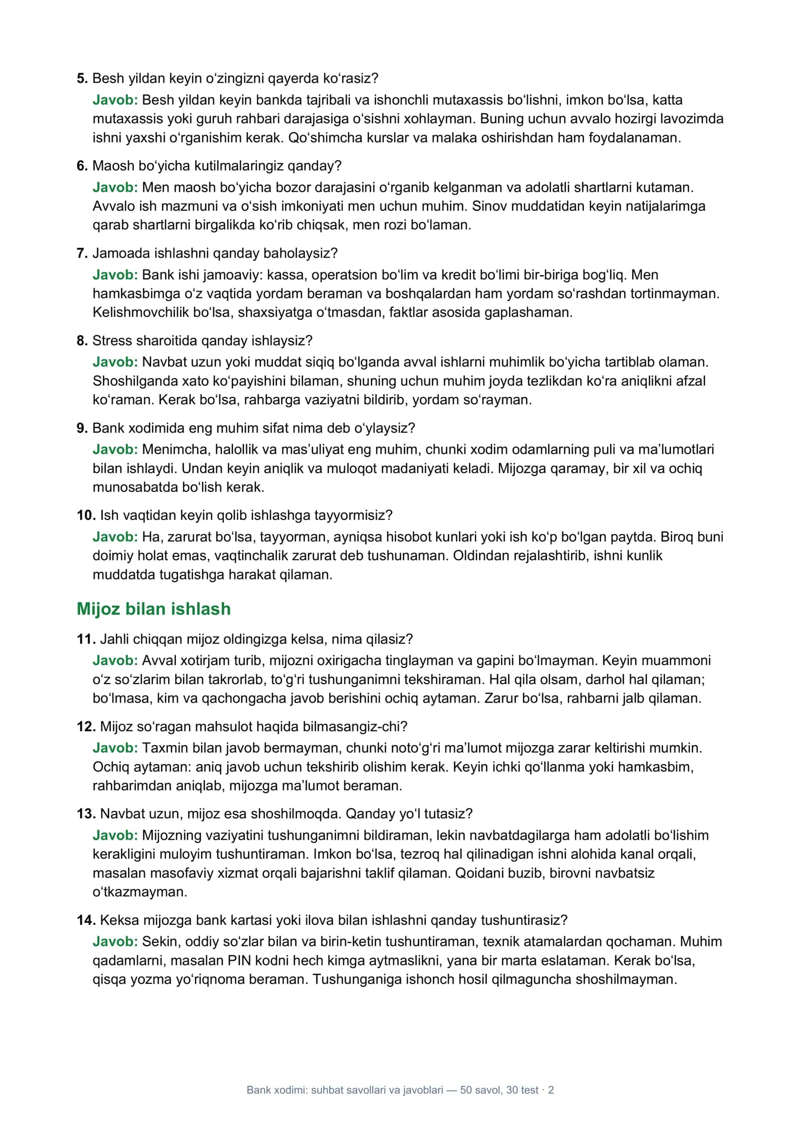 Bank xodimi: suhbat savollari va javoblari 2