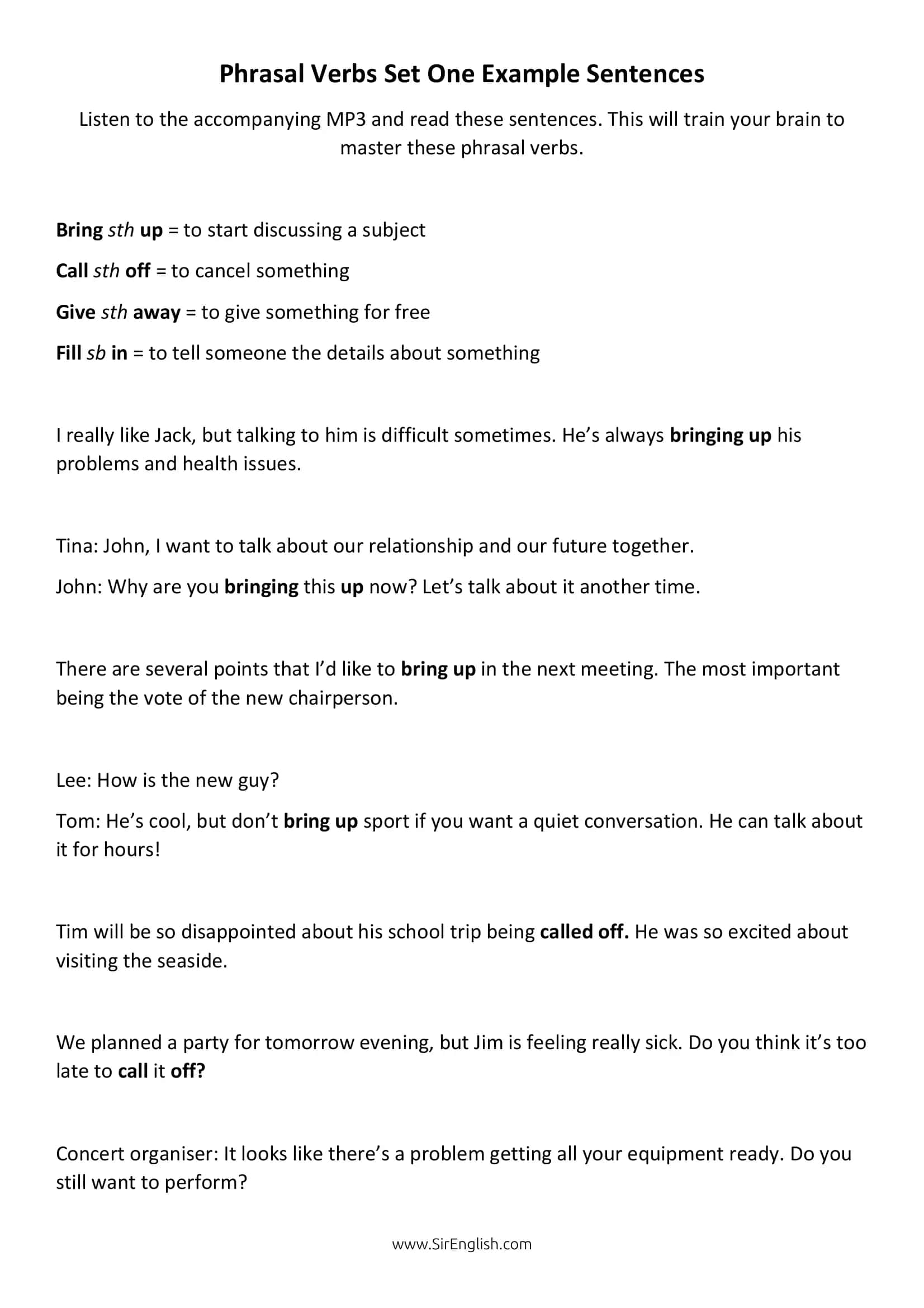 Phrasal Verbs Set One Definitions 2