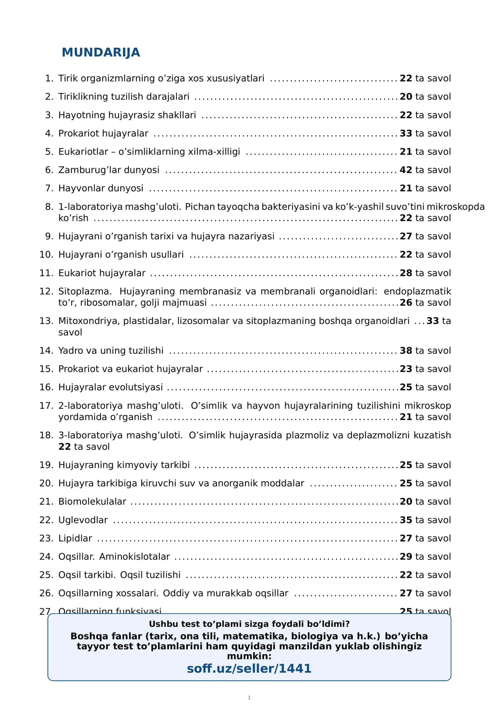 9-sinf Biologiya (Sitologiya va genetika asoslari) fanidan mavzulashtirilgan test va savollar to'plami 2